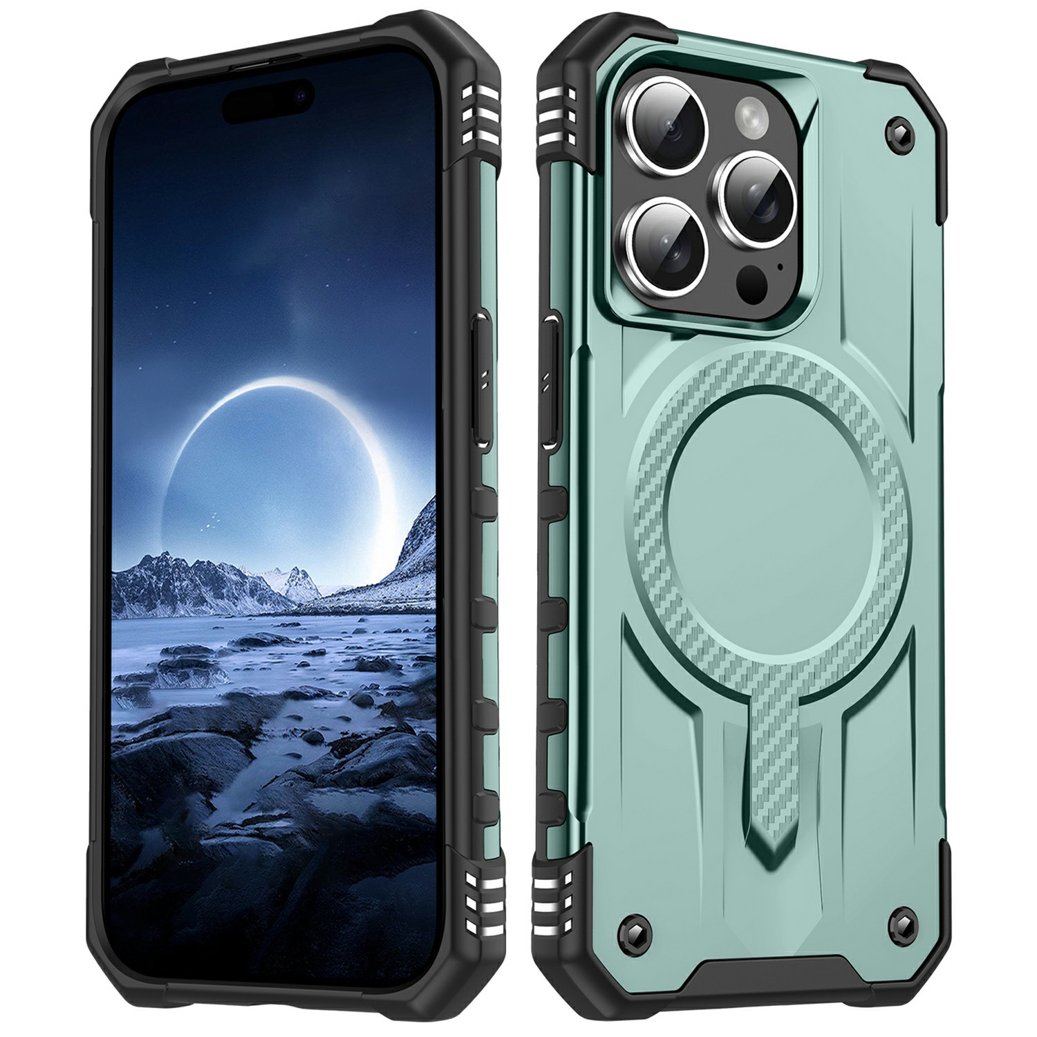 For iPhone 15 Pro Max Case Compatible with MagSafe Four Corner Airbags PC + TPU Phone Cover - Midnight Green