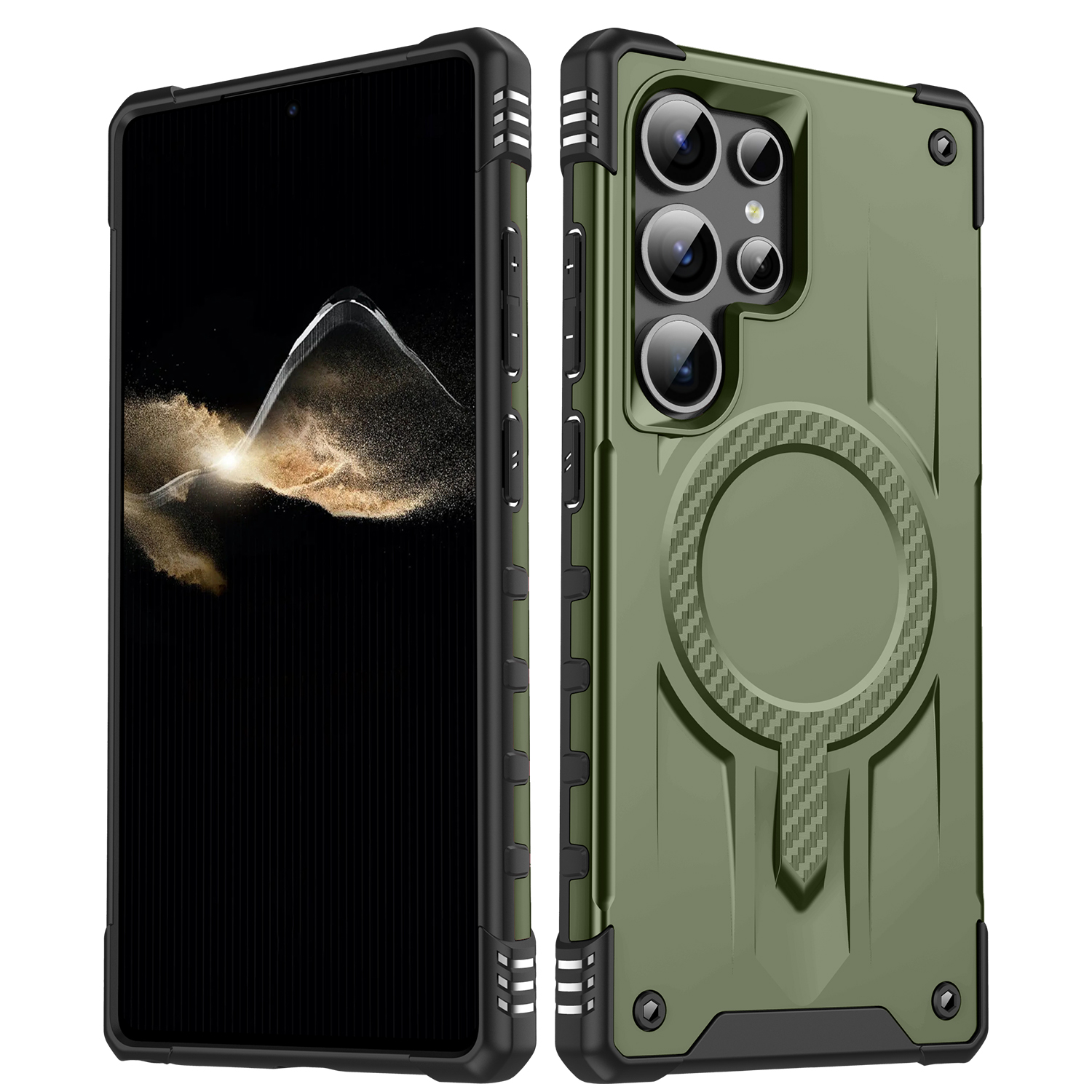For Samsung Galaxy S25 Ultra Magnetic Case Four Corner Airbags PC + TPU Phone Cover - Army Green
