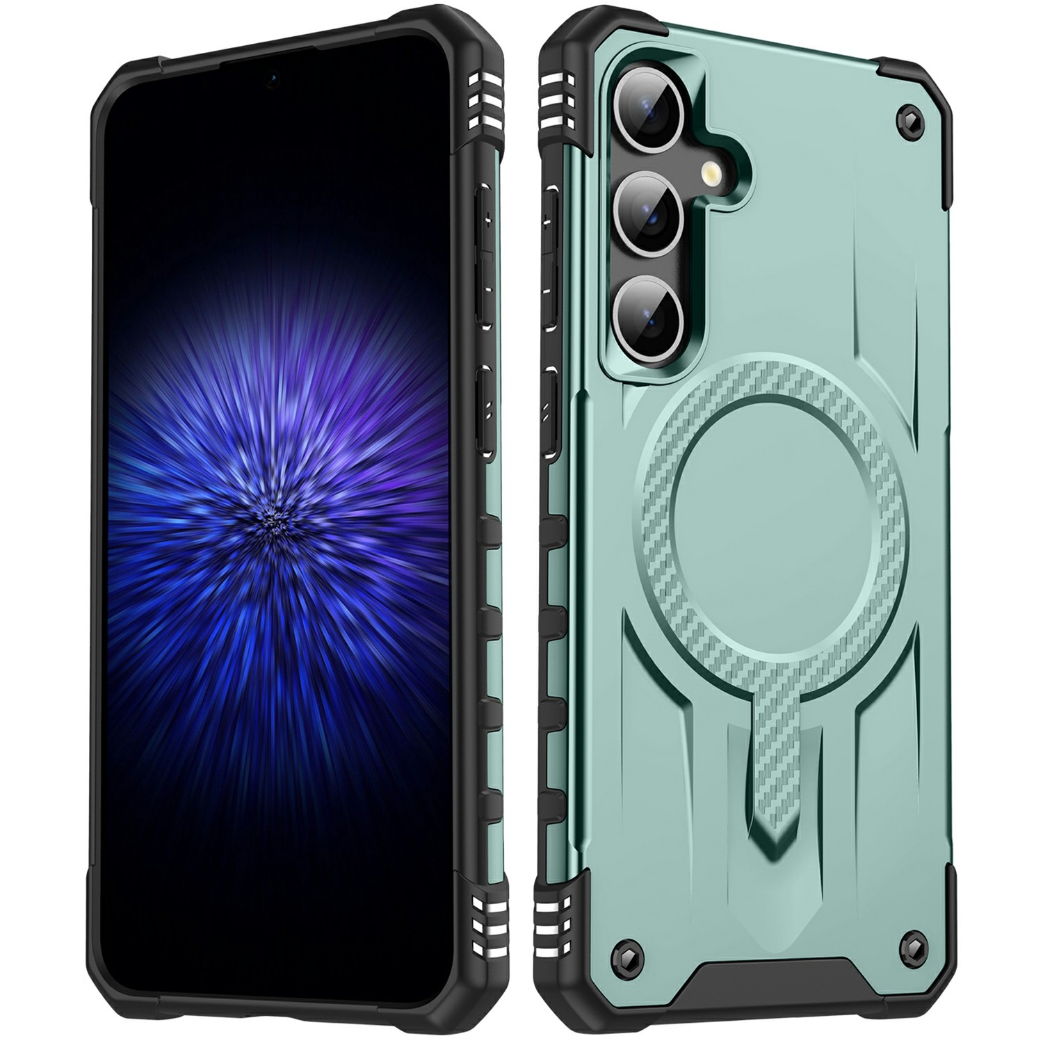 For Samsung Galaxy S24 FE Magnetic Case Four Corner Airbags PC + TPU Phone Cover - Midnight Green