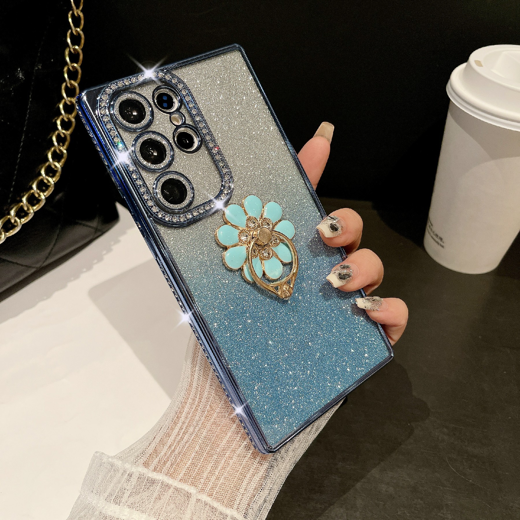 For Samsung Galaxy S25 Ultra Case Electroplated Edge Kickstand Phone Cover with Camera Lens Film - Blue