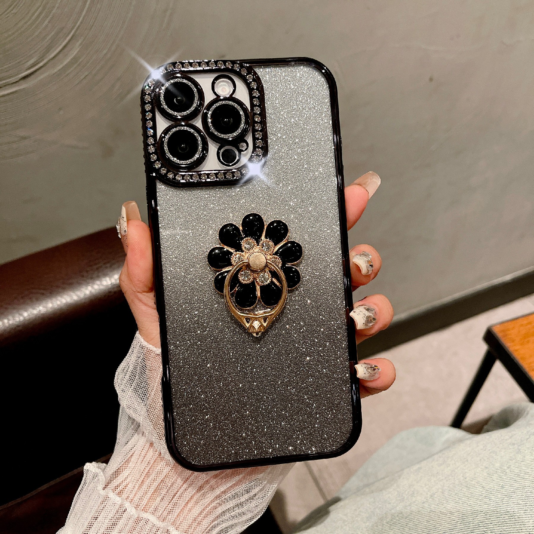 For iPhone 16 Pro Max Case Electroplated Edge Kickstand Phone Cover with Camera Lens Film - Black