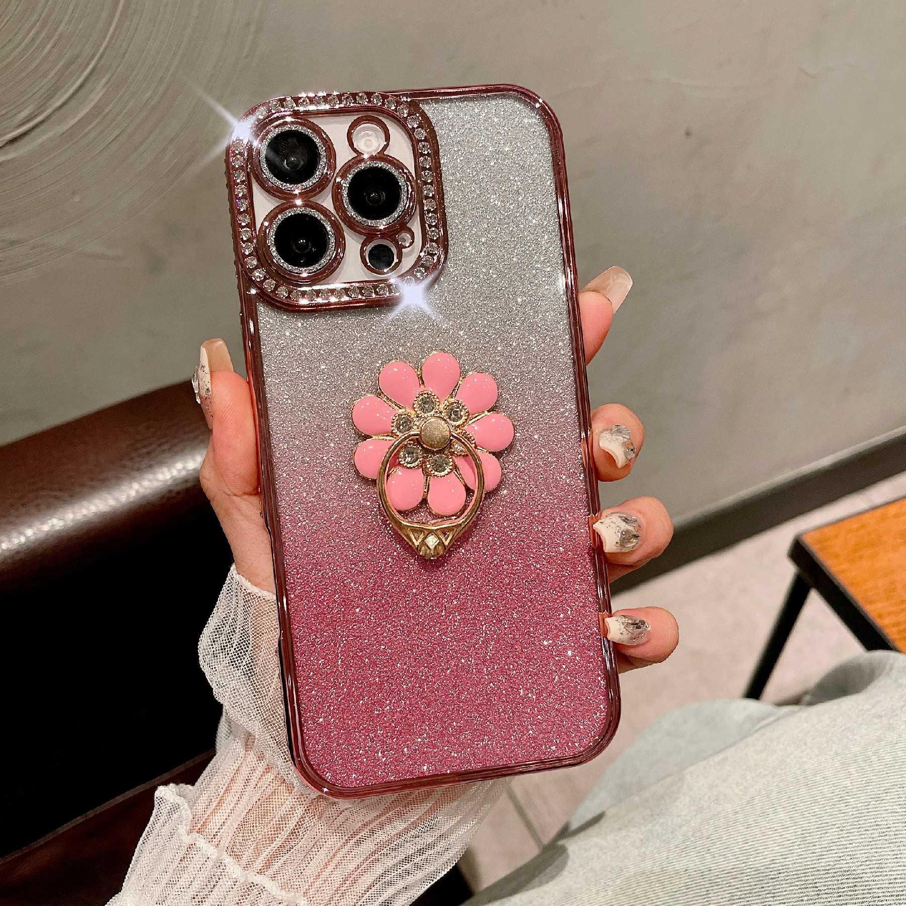 For iPhone 16 Pro Max Case Electroplated Edge Kickstand Phone Cover with Camera Lens Film - Rose Pink