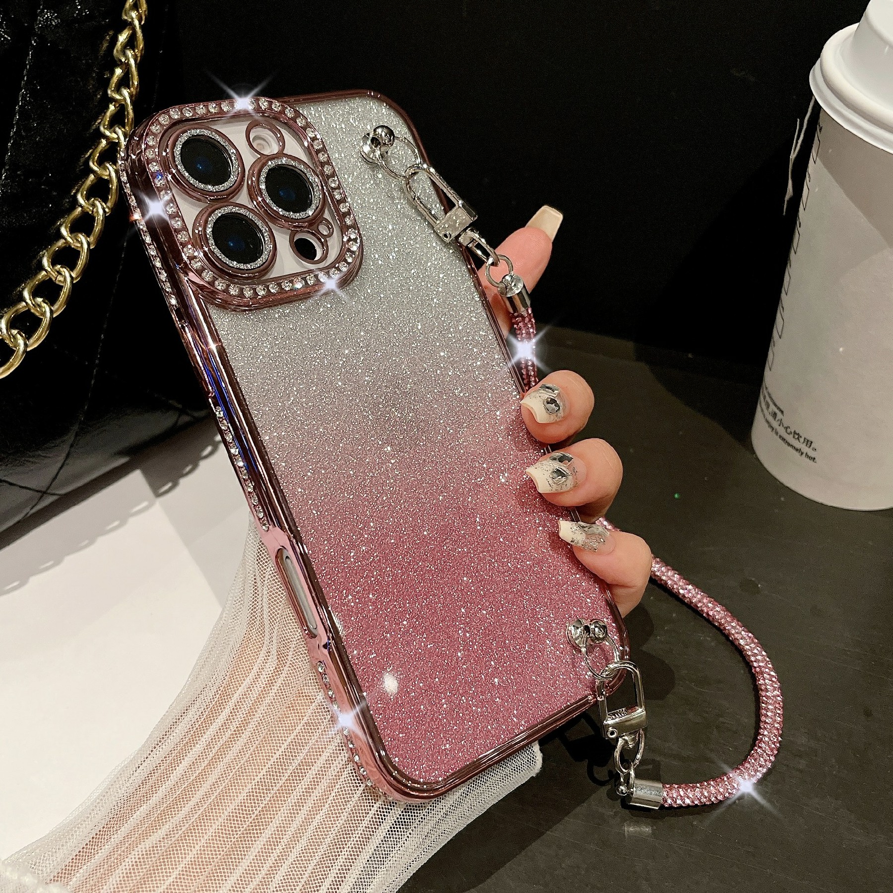 For iPhone 16 Pro Max Case Electroplated Edge Rhinestone Glitter Decor Phone Cover with Lens Film, Strap - Rose Pink