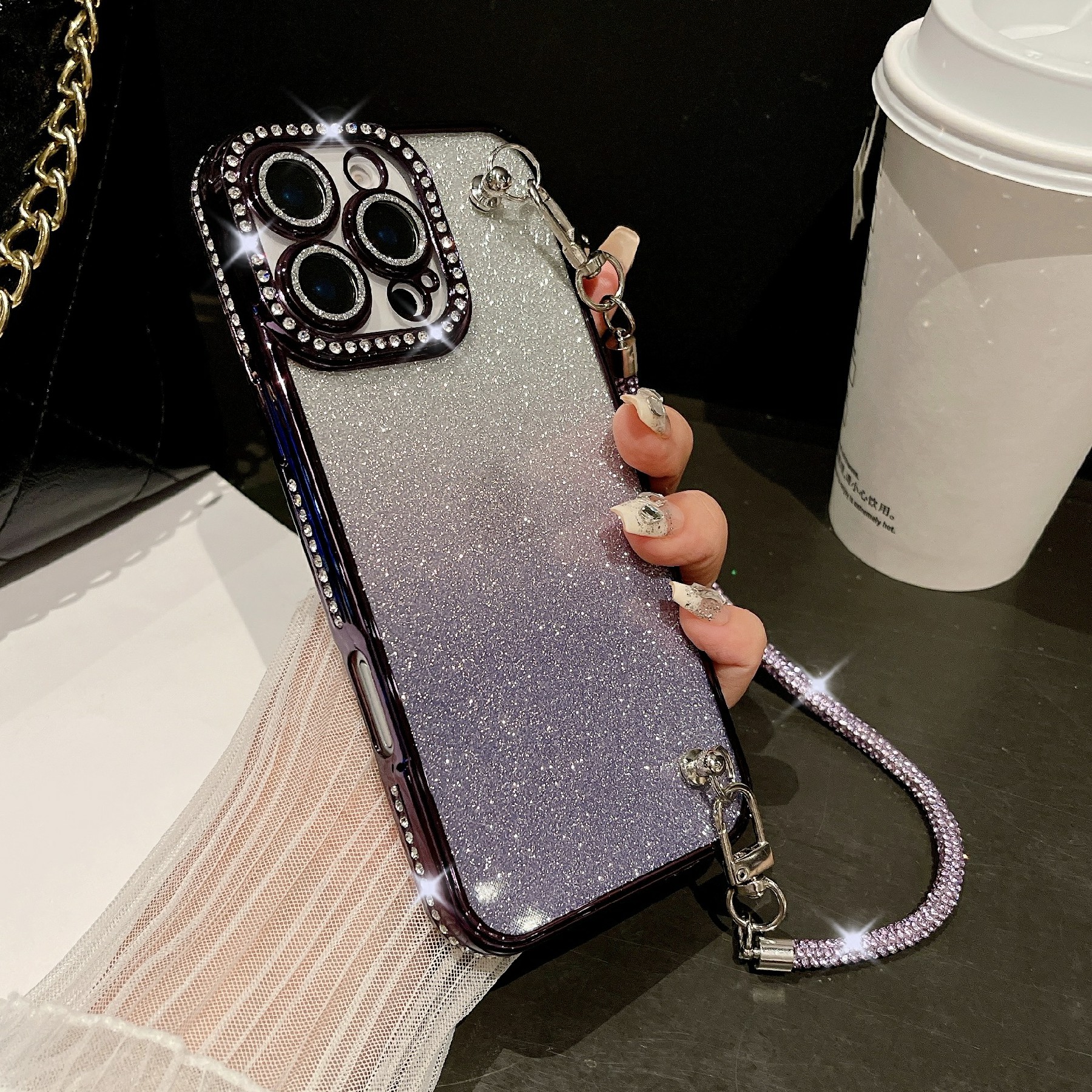 For iPhone 16 Pro Max Case Electroplated Edge Rhinestone Glitter Decor Phone Cover with Lens Film, Strap - Dark Purple