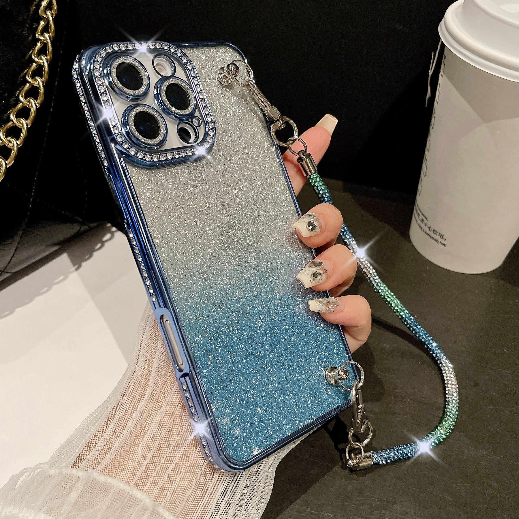 For iPhone 16 Pro Max Case Electroplated Edge Rhinestone Glitter Decor Phone Cover with Lens Film, Strap - Blue