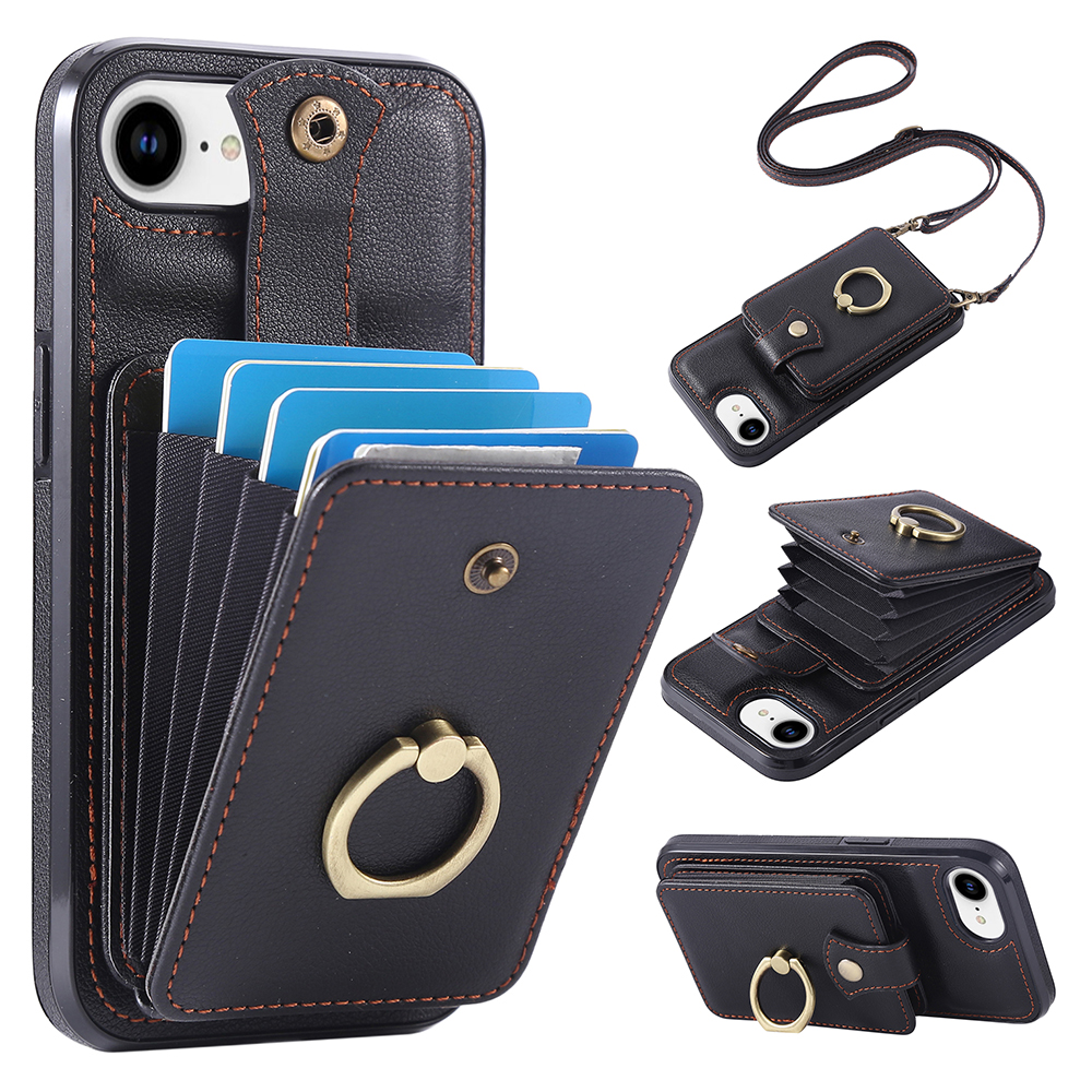 For iPhone 17e / 16e Case Card Holder Ring Kickstand TPU + PU Leather Phone Cover with Long Strap - Black