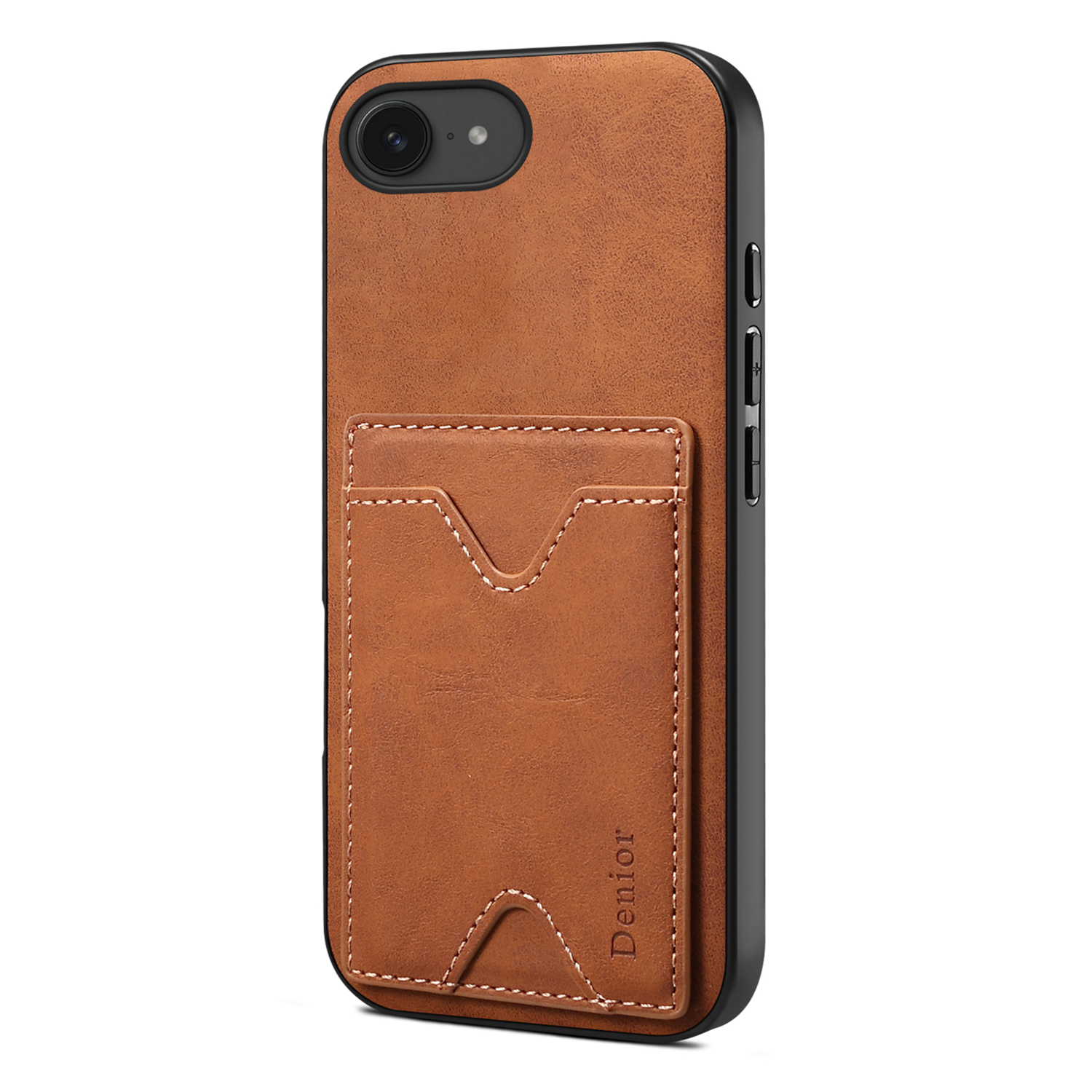 DENIOR For iPhone 17e / 16e Case Card Holder Kickstand Leather + PC + TPU Phone Cover - Brown