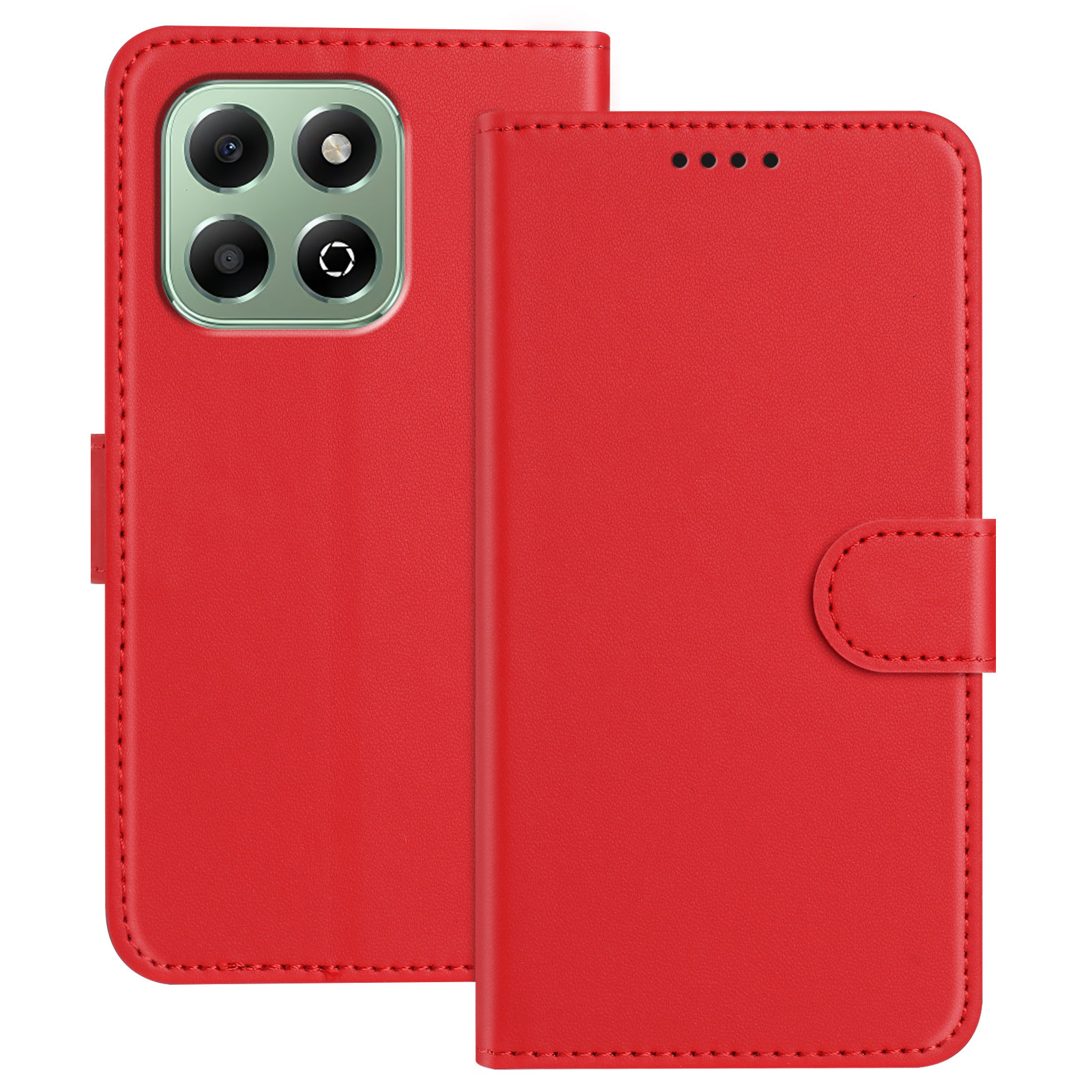 For Honor X6a 4G / Honor X6b 4G Leather Case Wallet Stand Solid Color Anti Drop Phone Cover - Red