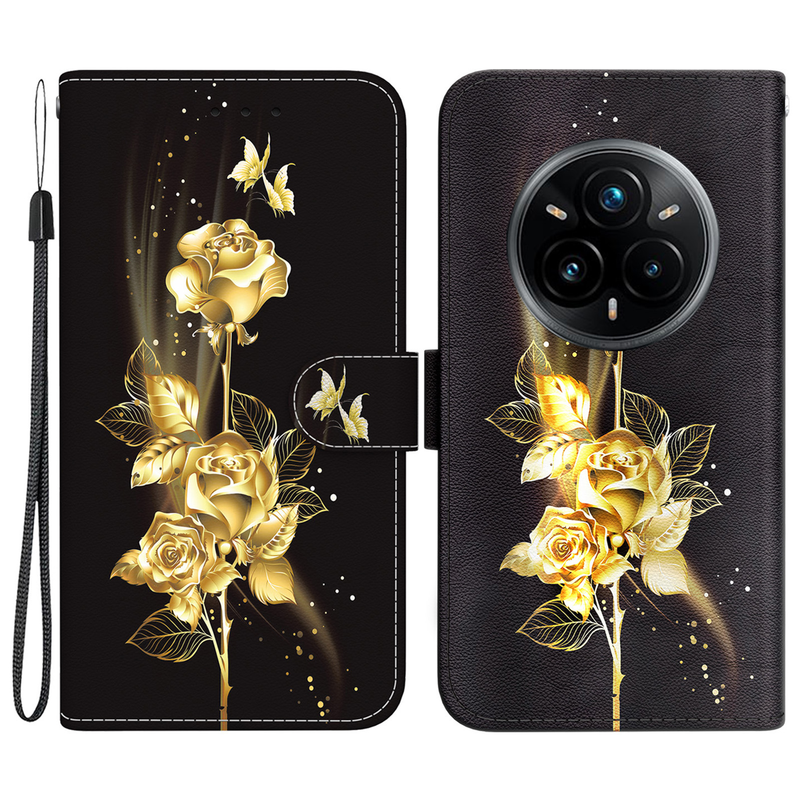 For Realme 14 Pro+ 5G Wallet Phone Case Anti-Drop Leather Flip Cover Pattern Printing - Gold Butterfly Rose