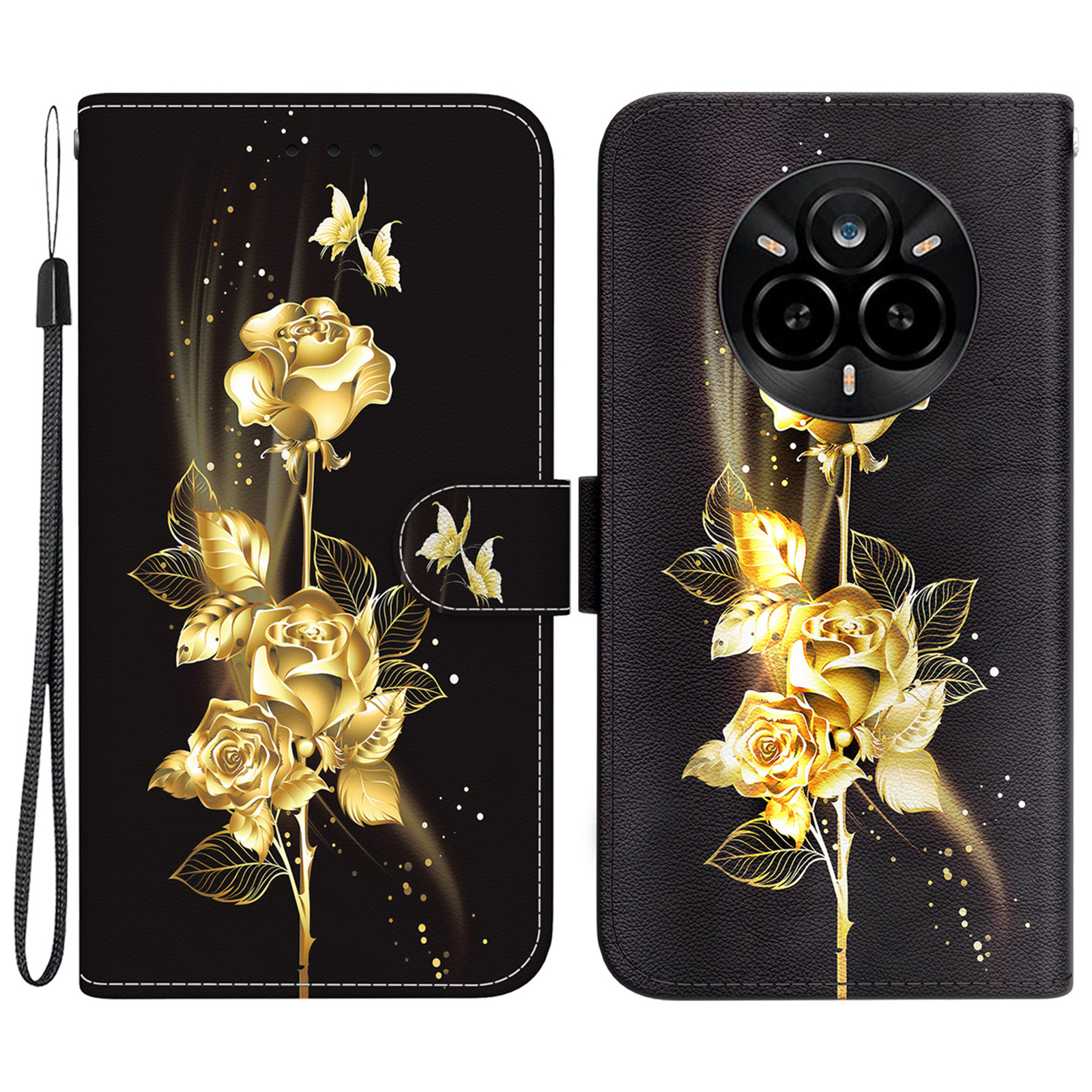 For Realme 14 Pro 5G Wallet Phone Case Anti-Drop Leather Flip Cover Pattern Printing - Gold Butterfly Rose