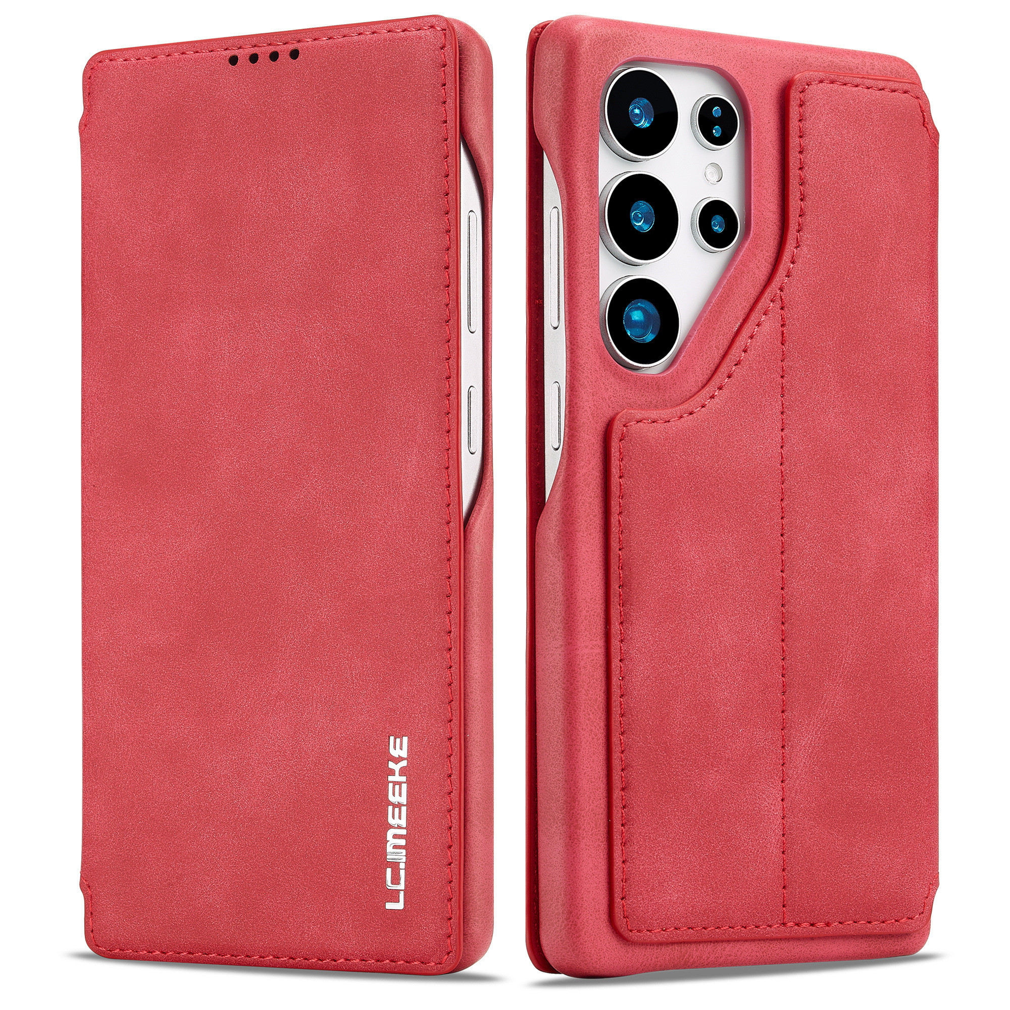 LC.IMEEKE For Samsung Galaxy S25 Ultra Case Card Holder Stand Leather Phone Cover - Red