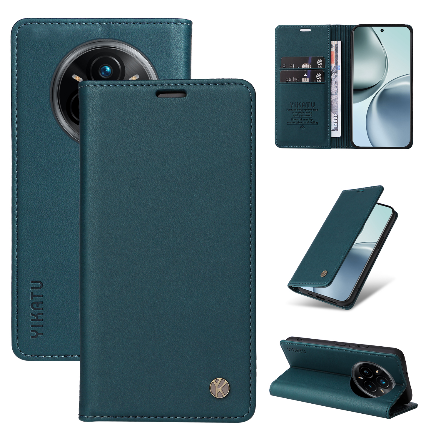 YIKATU For Realme 14 Pro+ 5G Phone Cases Magnetic Closure PU Leather Mobile Cover - Green