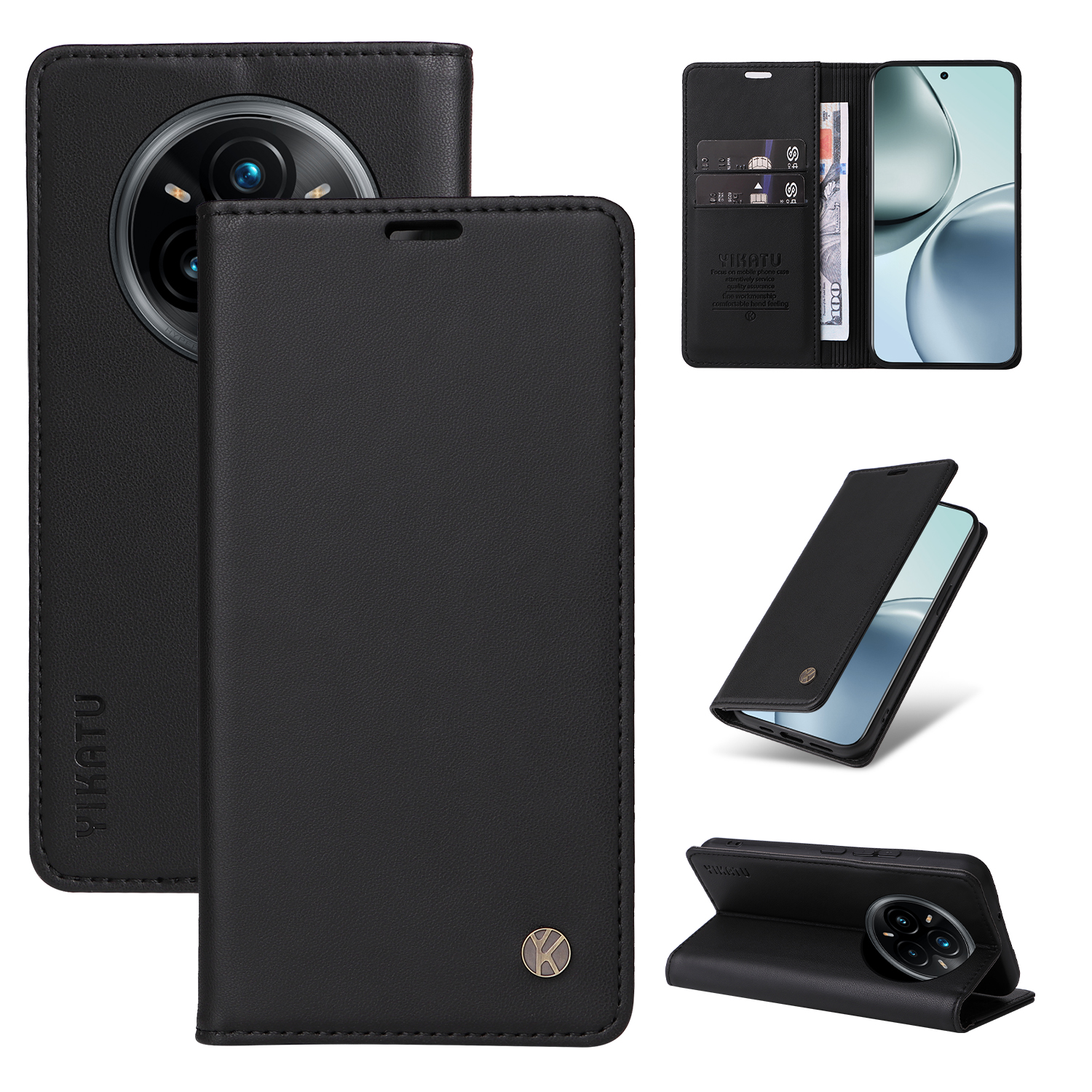 YIKATU For Realme 14 Pro+ 5G Phone Cases Magnetic Closure PU Leather Mobile Cover - Black