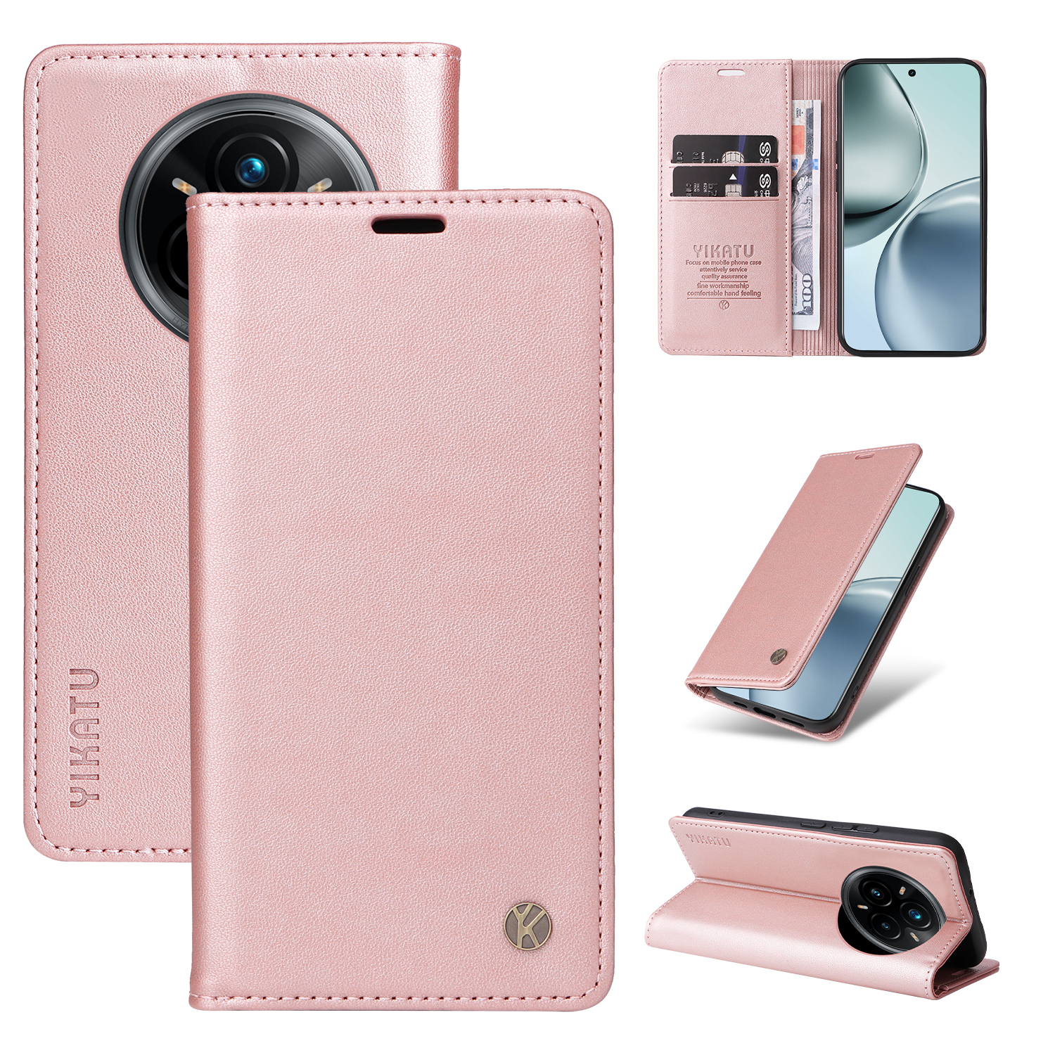YIKATU For Realme 14 Pro+ 5G Phone Cases Magnetic Closure PU Leather Mobile Cover - Rose Gold