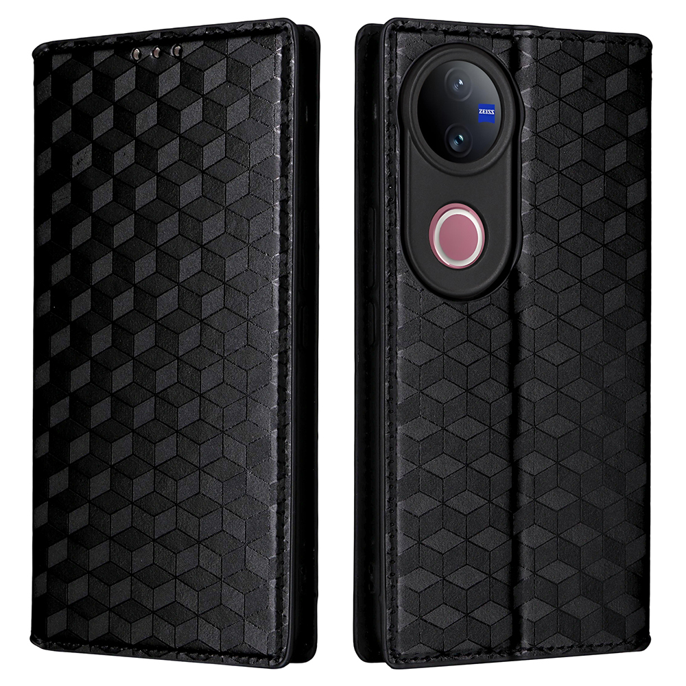 For vivo V50 5G Case Wallet Rhombus Imprinted Leather Phone Cover - Black