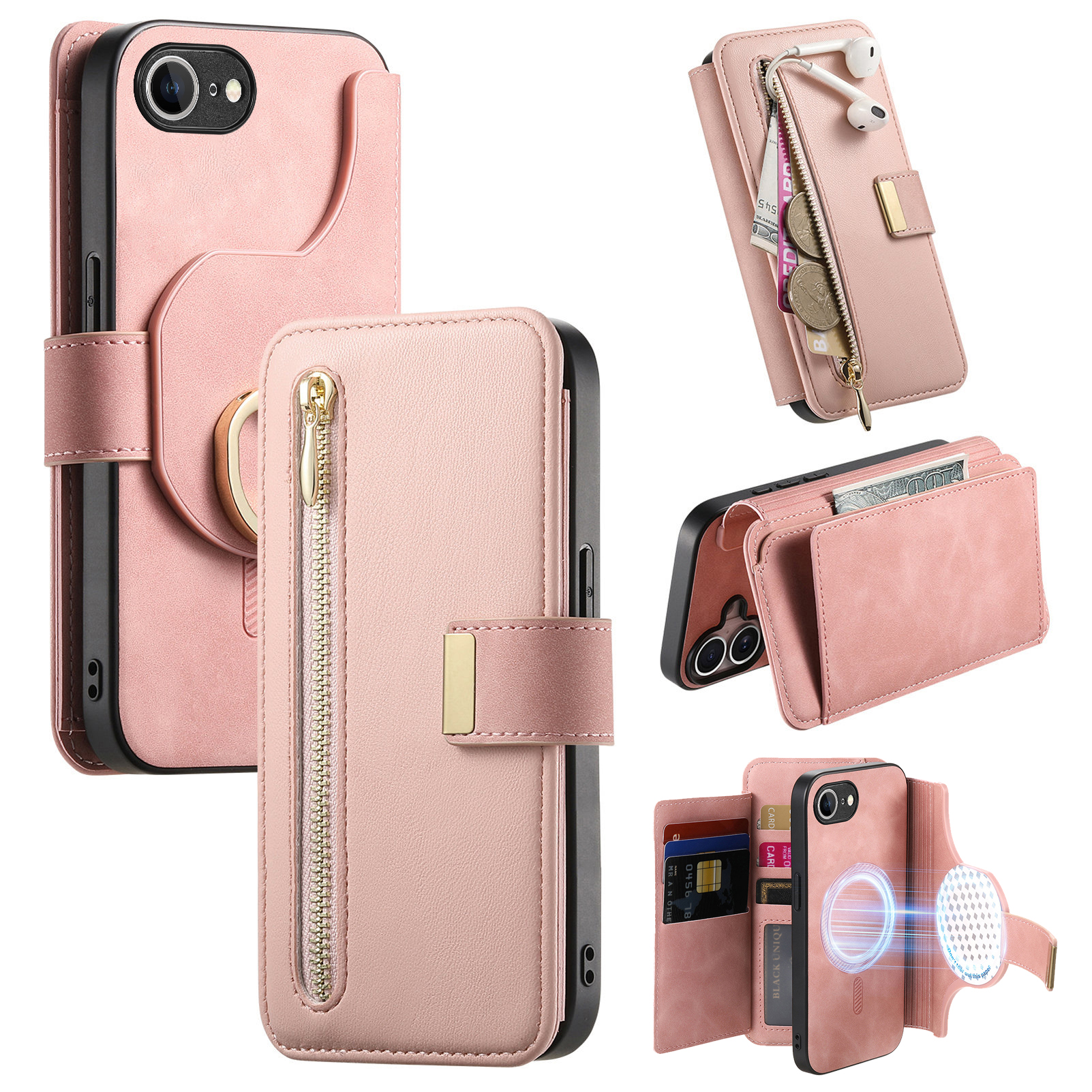 For iPhone 17e / 16e Magnetic Leather Case with Detachable RFID Blocking Zipper Wallet Cover - Pink