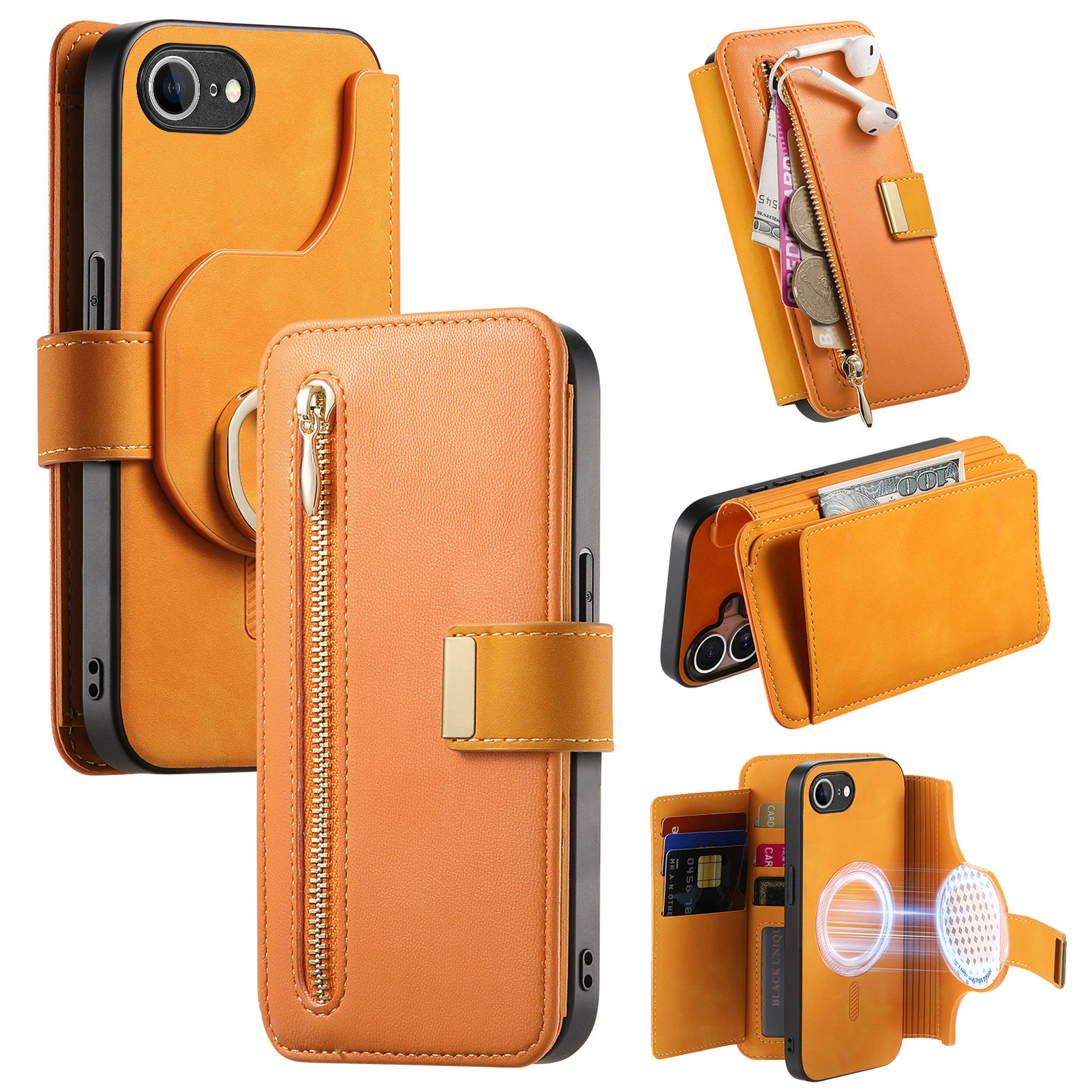 For iPhone 17e / 16e Magnetic Leather Case with Detachable RFID Blocking Zipper Wallet Cover - Yellow
