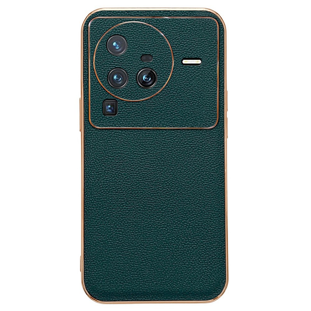 

Für Vivo X80 Pro 5G Elektroplatten Telefonhülle Echtes Lederbeschichteter PC+TPU Hybrid -schutzabdeckung - Mitternacht Grün, vivo X80 Pro 5G