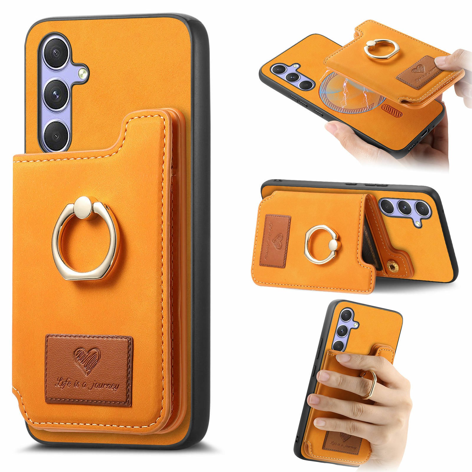 For Samsung Galaxy A56 5G Case Detachable Card Holder Kickstand Leather + TPU + PC Phone Cover - Yellow