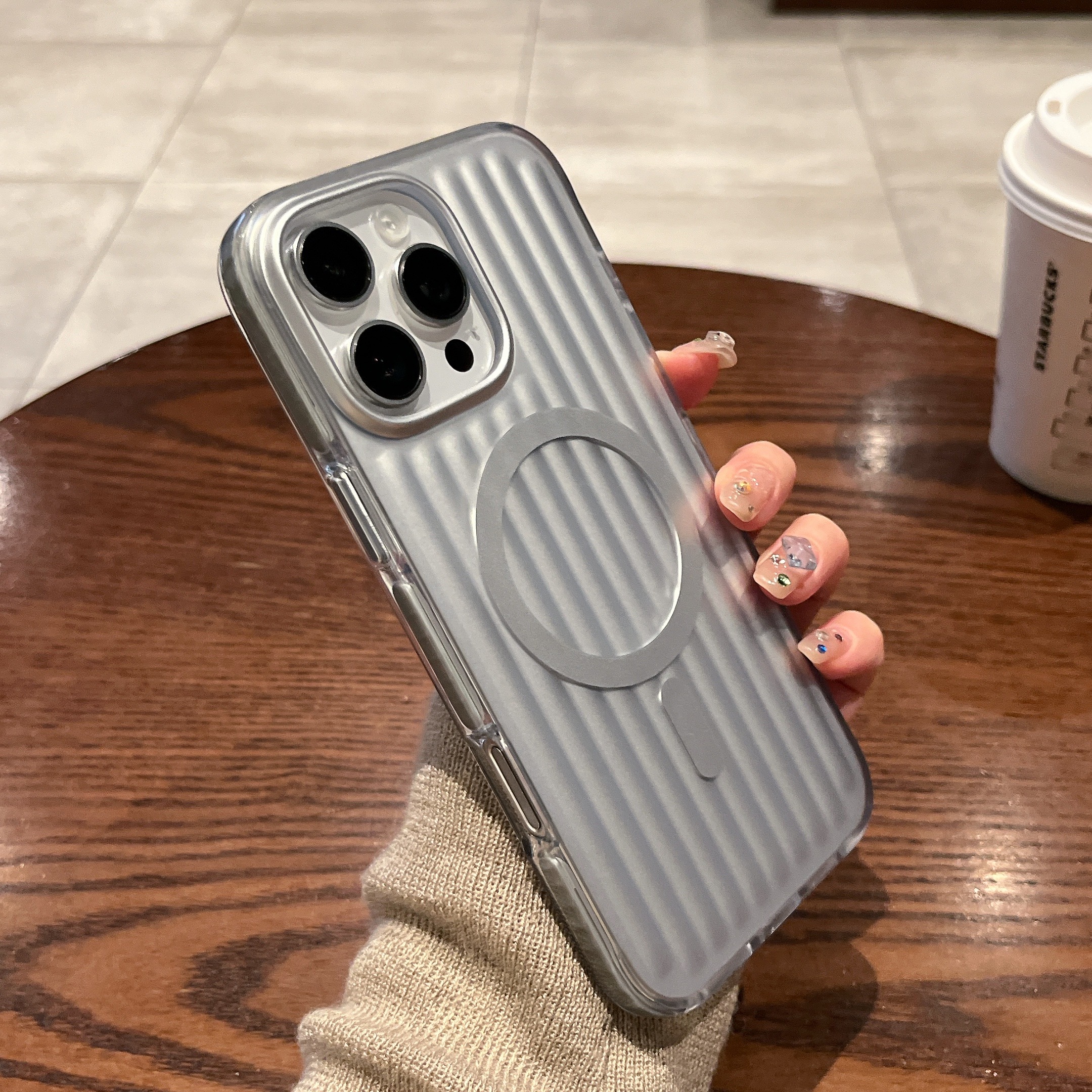 For iPhone 16 Pro Max Magnetic Case Corrugated Design PC + TPU Shockproof Phone Back Cover - Silver
