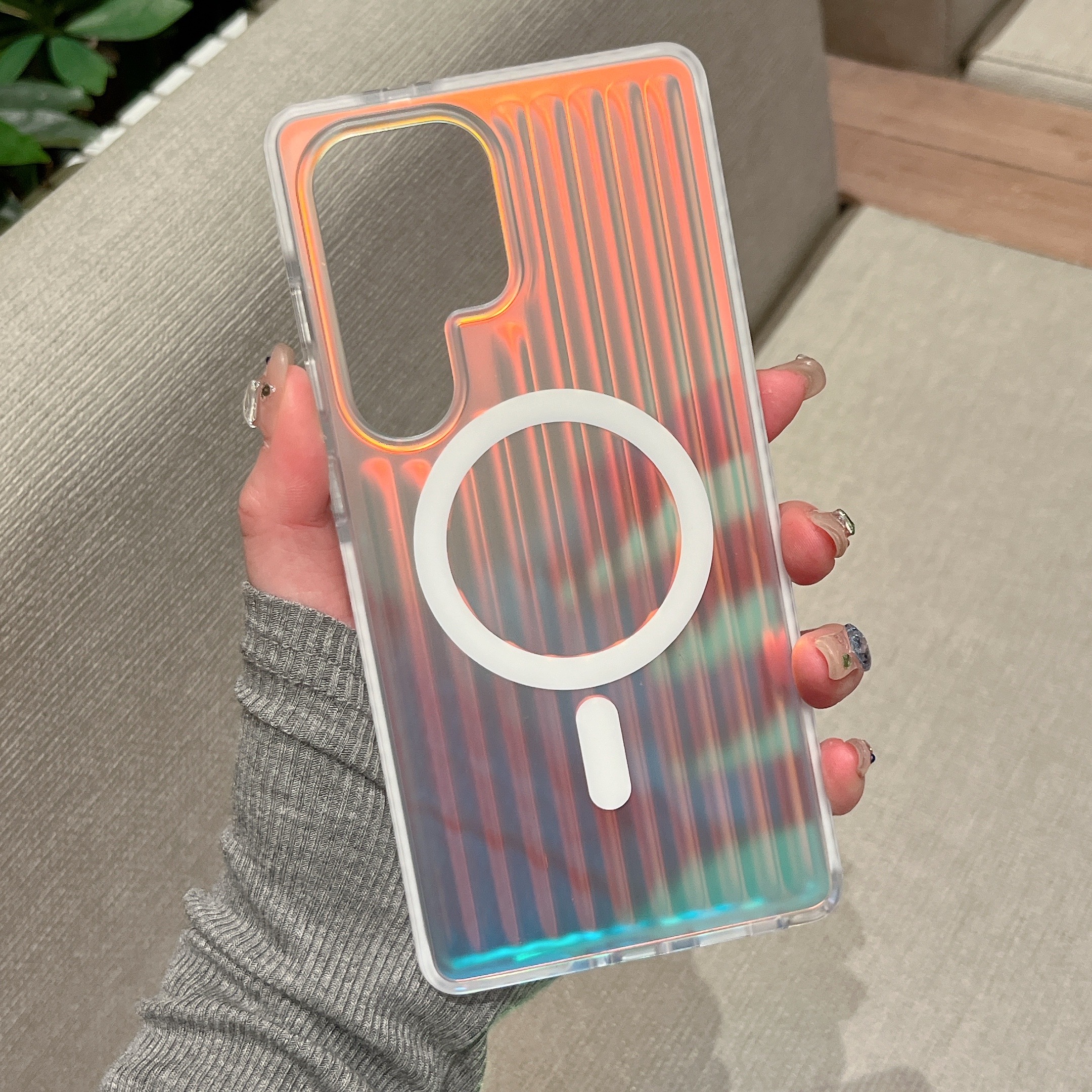 For Samsung Galaxy S25 Ultra Magnetic Case Dazzling Gradient Color PC + TPU Phone Back Cover Corrugated Design - Rainbow Light