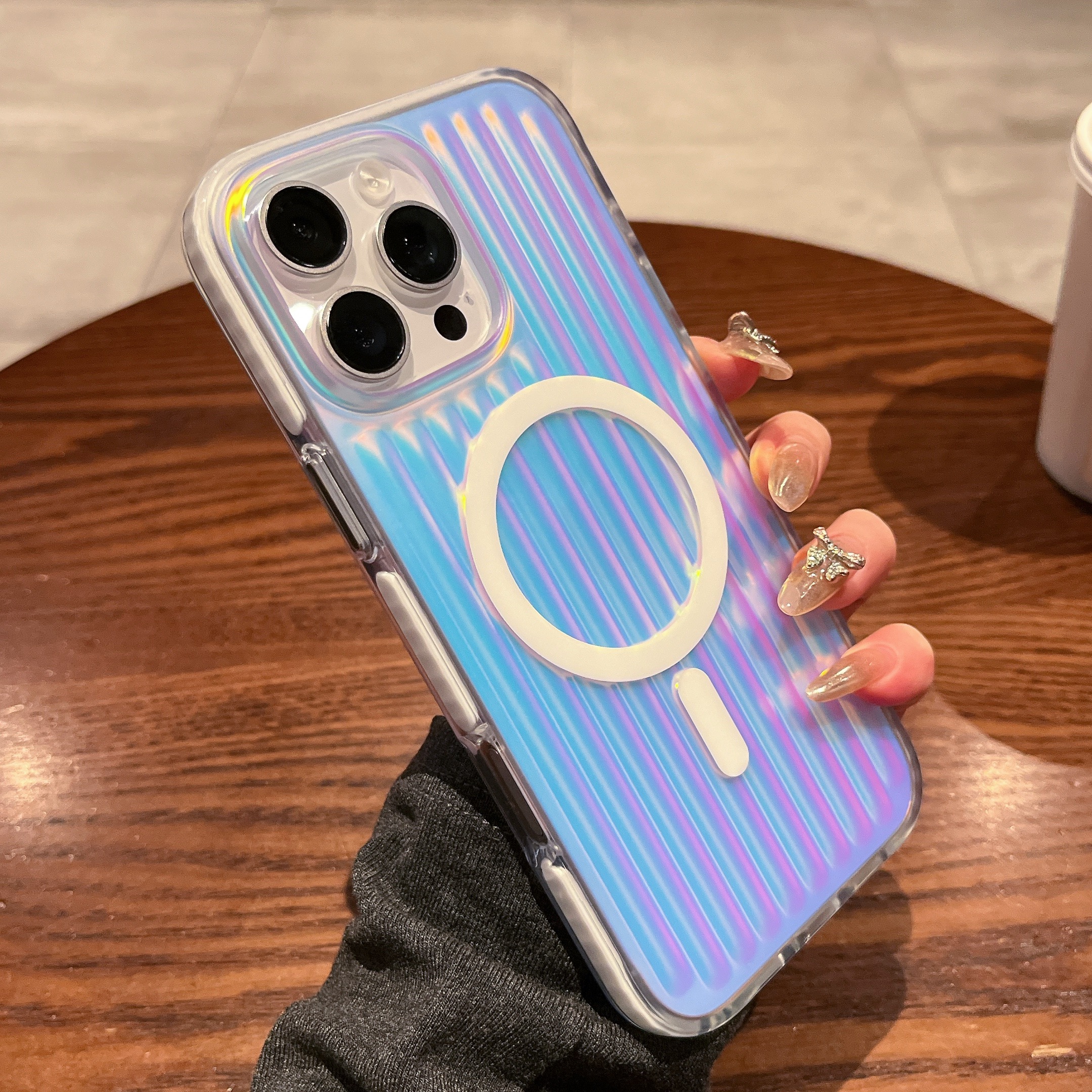 For iPhone 16 Pro Magnetic Case Dazzling Gradient Color PC + TPU Phone Back Cover Corrugated Design - Blue Light