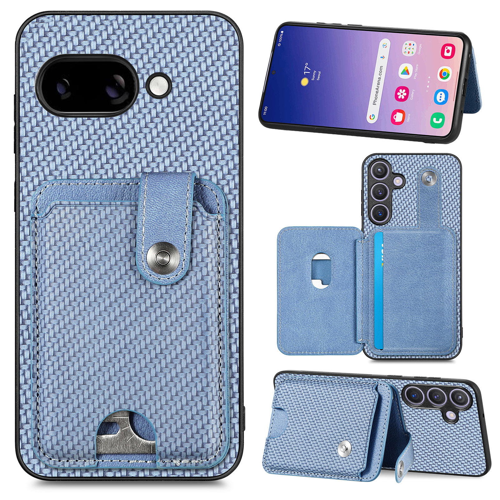 For Google Pixel 9a Case Card Slots Kickstand Phone Back Cover with Card Tool - Blue