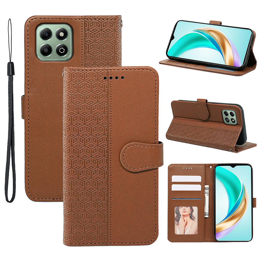 For Honor X6b 4G Case Anti Scratch Splicing Imprinted Rhombus Leather Phone Cover - Brown