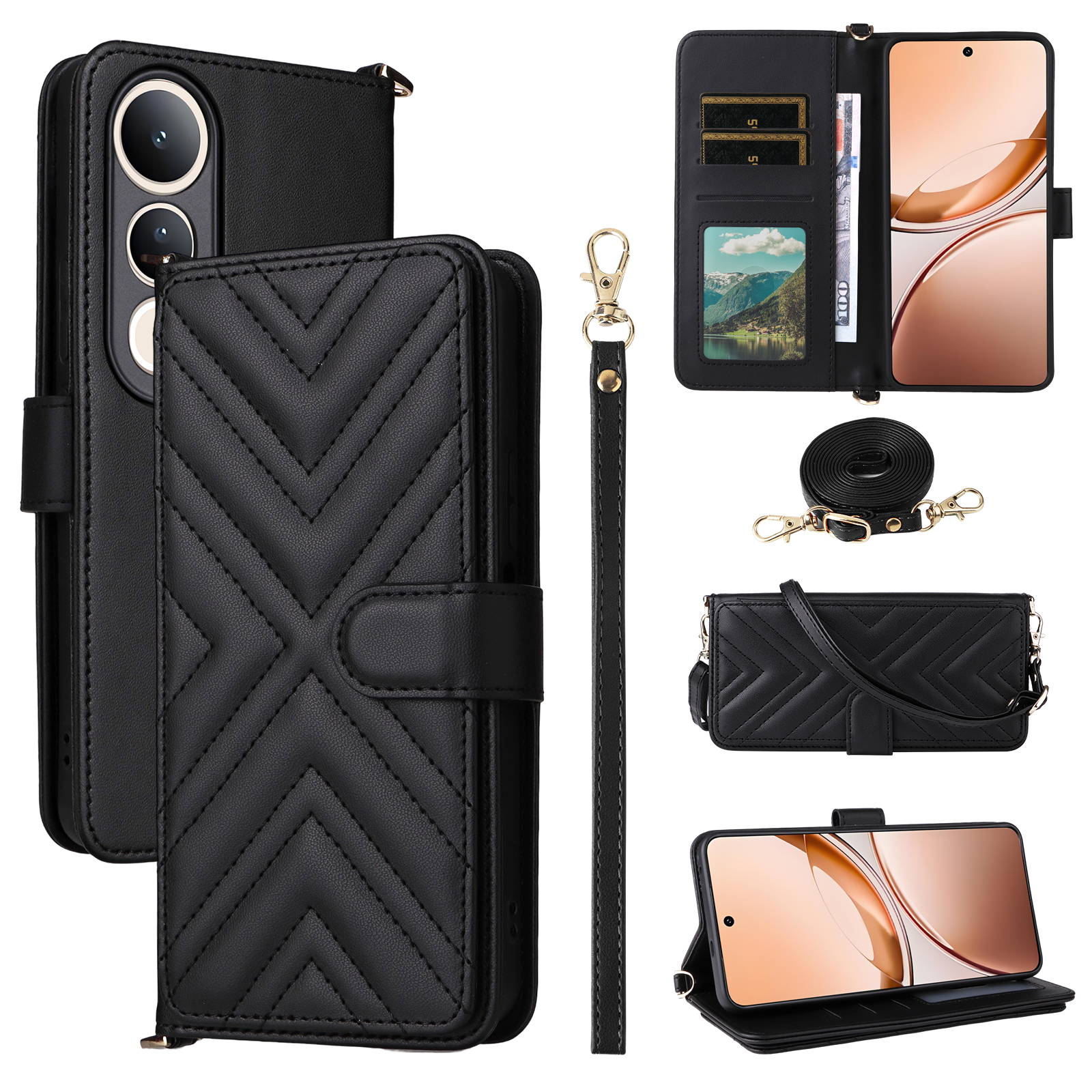 For vivo V50 Lite 4G / 5G Wallet Case with Shoulder / Wrist Strap Leather Phone Cover Stand - Black