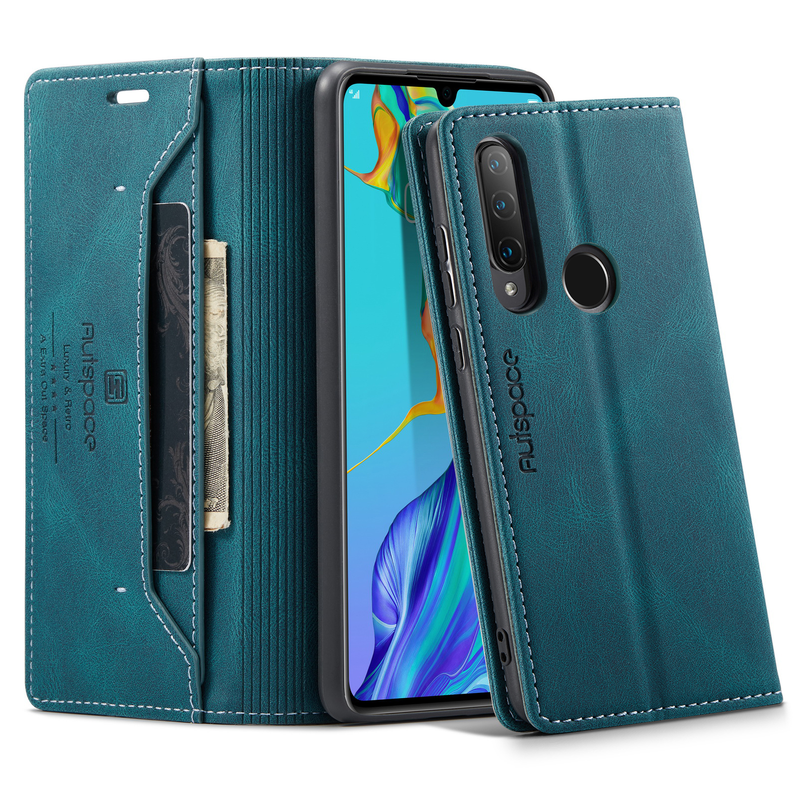 AUTSPACE For Huawei P30 Lite New Edition / Huawei nova 4e / Huawei P30 Lite Wallet Case  A01 Leather Stand Cover with RFID Blocking Card Holder - Blue