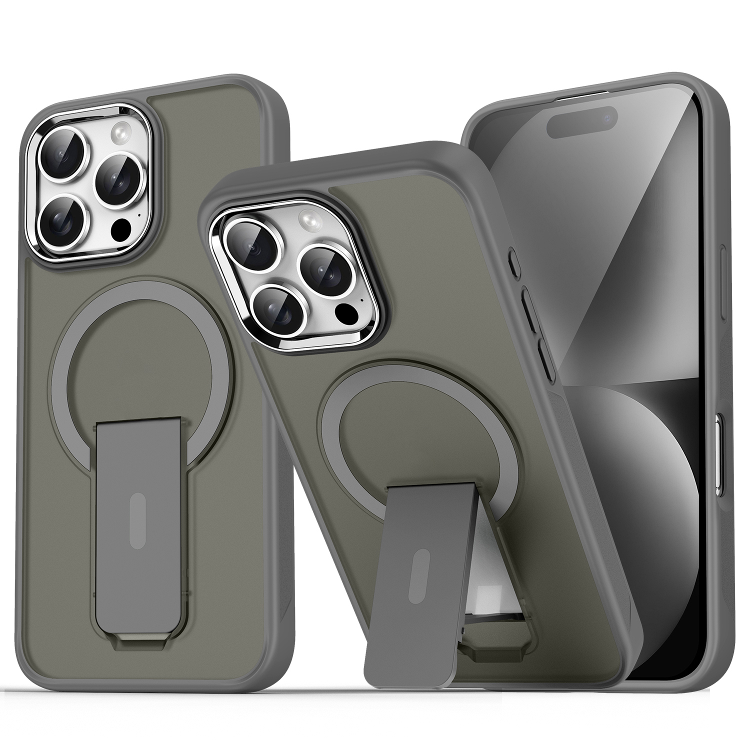 For iPhone 16 Pro Case Compatible with MagSafe PC + TPU Phone Cover with Kickstand - Titanium Grey