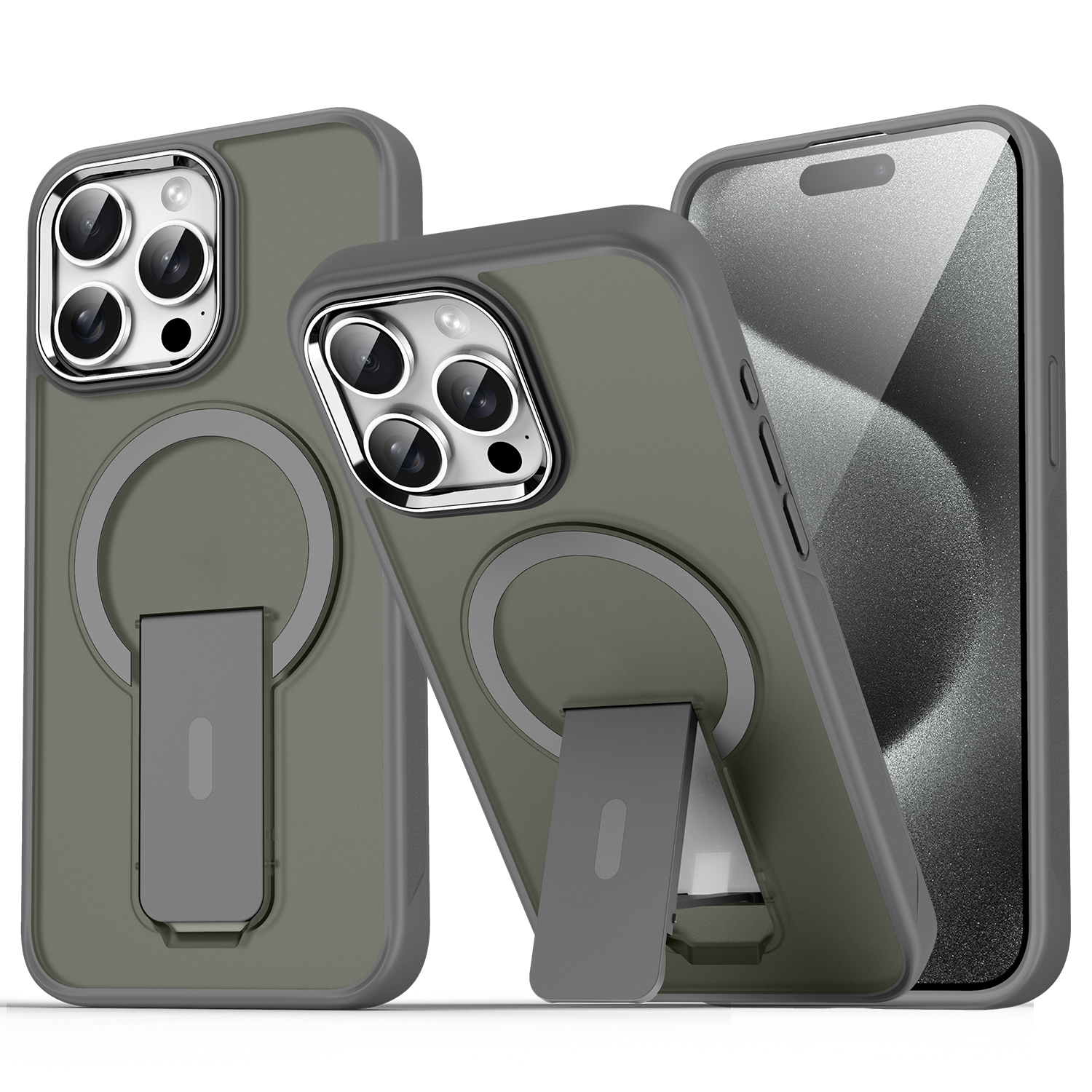 For iPhone 14 Pro Case Compatible with MagSafe PC + TPU Phone Cover with Kickstand - Titanium Grey