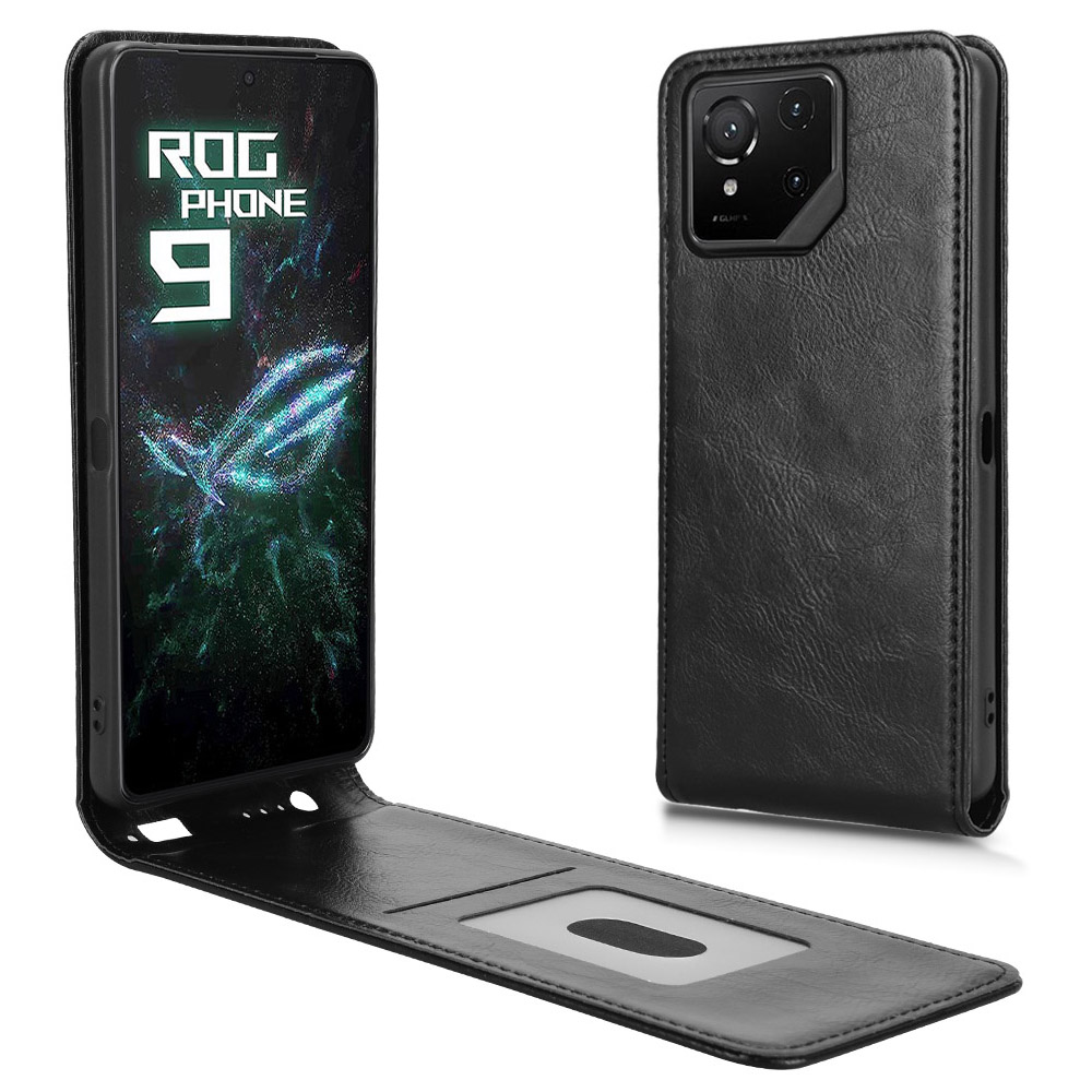 For Asus ROG Phone 9 5G  /  ROG Phone 9 Pro 5G Case with Card Slot Magnetic Vertical Flip Leather Phone Cover - Black