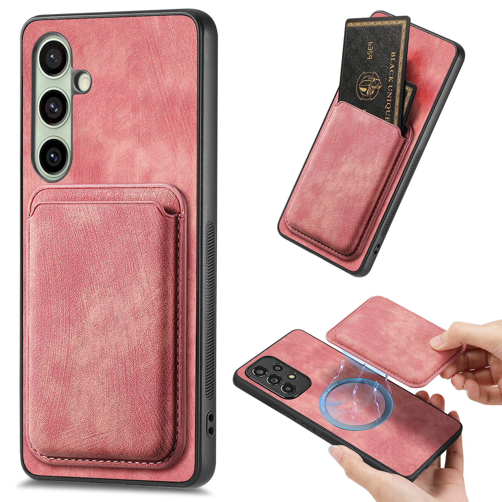 For Samsung Galaxy S25+ Magnetic Case Leather Back Cover with Detachable Card Holder - Pink