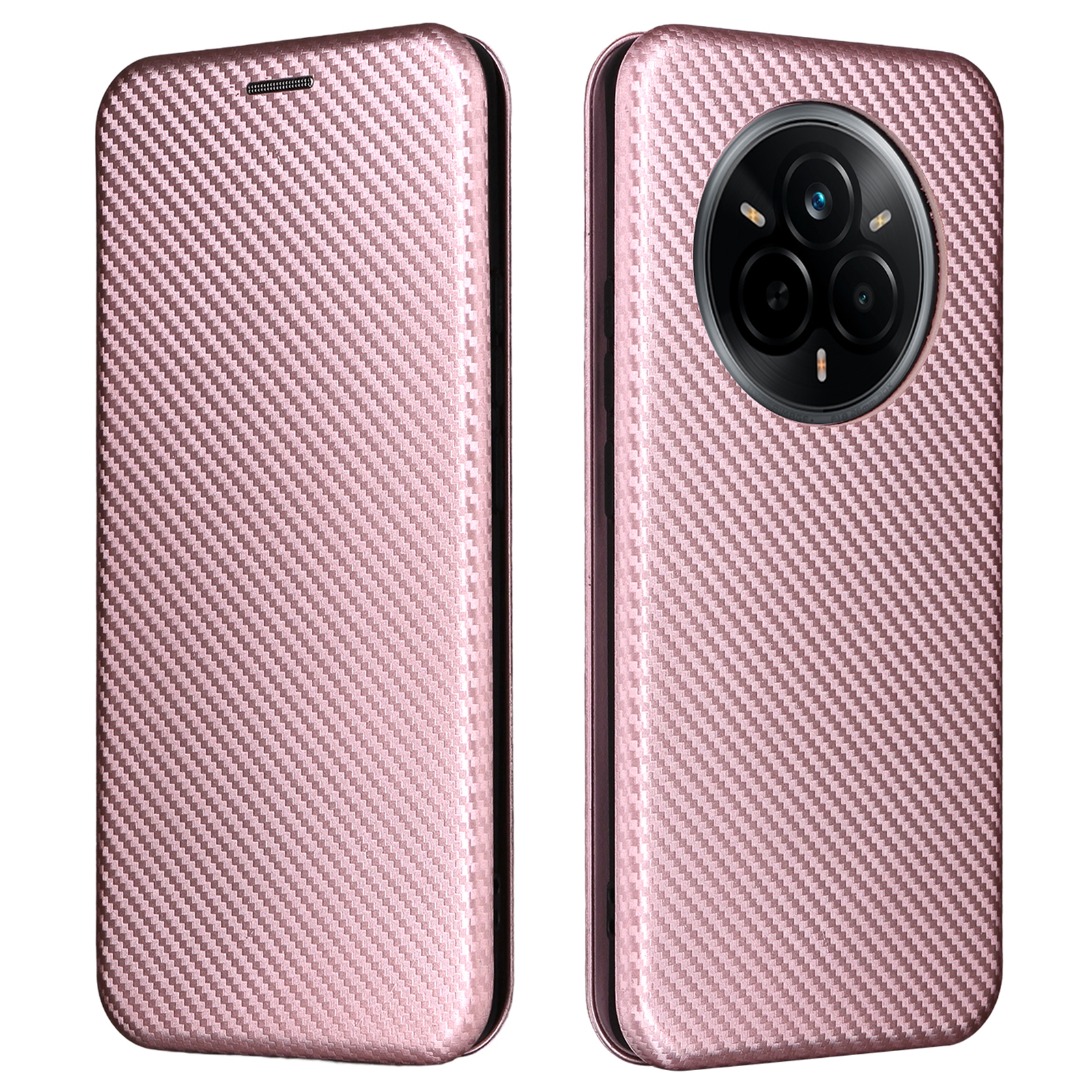 For Realme 14 Pro 5G Case Carbon Fiber Texture Drop-Proof PU Leather Phone Cover - Rose Gold