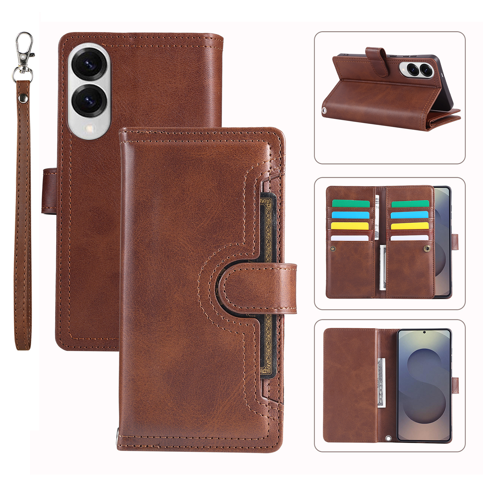 For Samsung Galaxy S25 Edge Case Split Leather Magnetic Wallet Phone Protector with Wrist Strap - Coffee