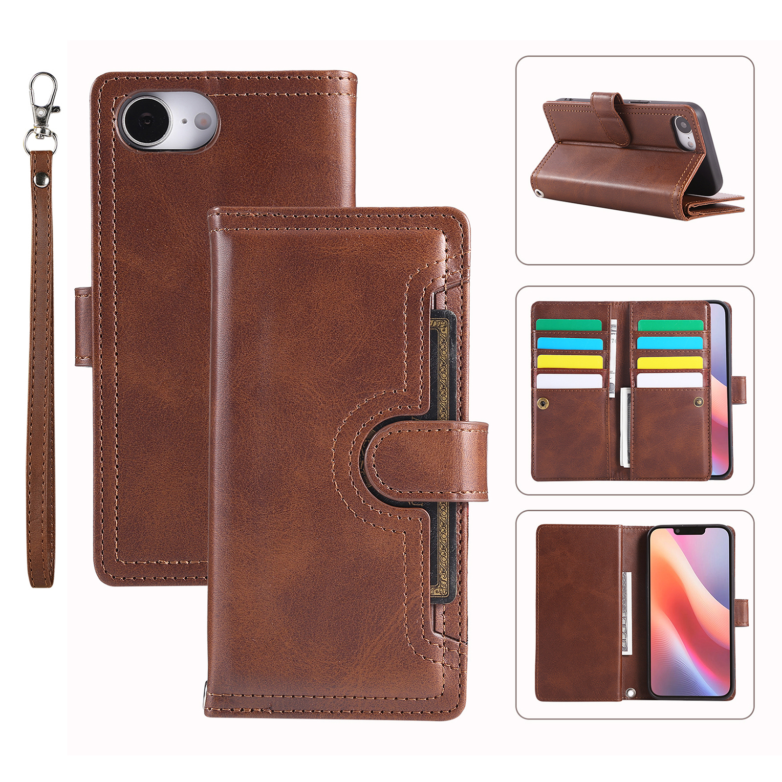 For iPhone 17e / 16e Case Split Leather Magnetic Wallet Phone Protector with Wrist Strap - Coffee