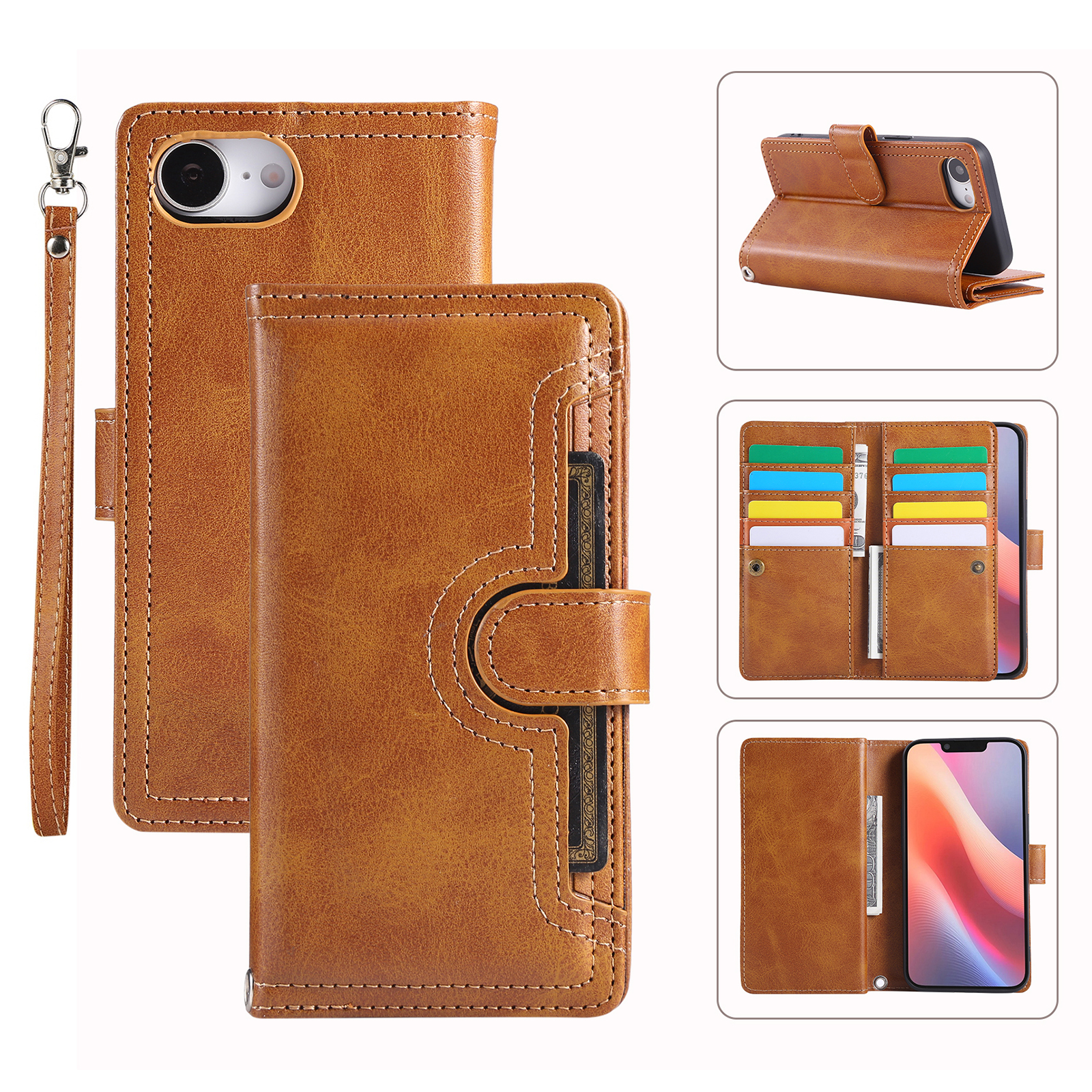 For iPhone 17e / 16e Case Split Leather Magnetic Wallet Phone Protector with Wrist Strap - Brown