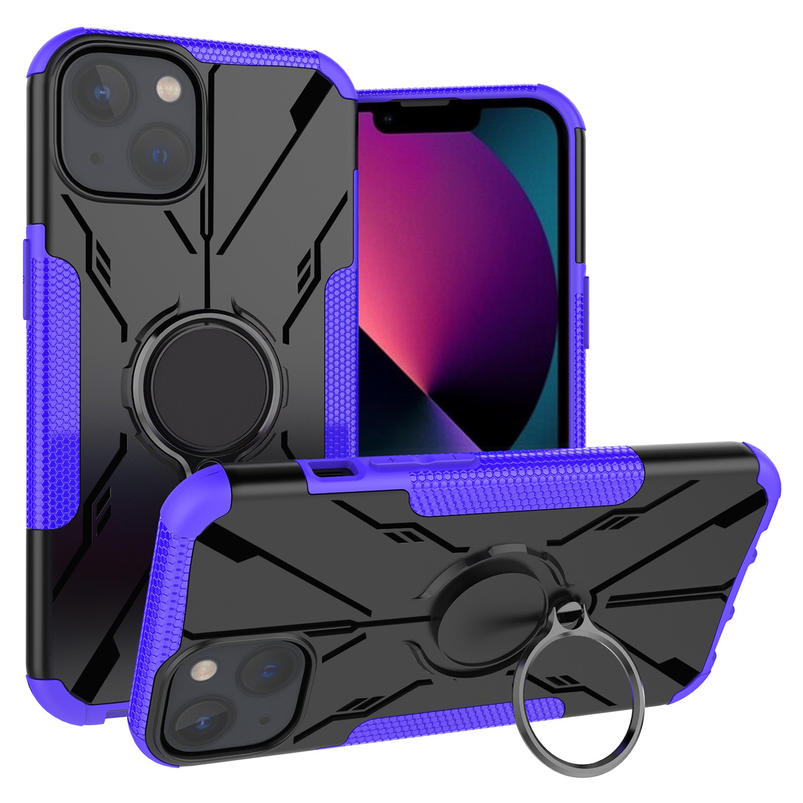 

For iPhone 13 6.1 inch PC + TPU Phone Drop-proof Cover Anti-scratch Back Case with Ring Kickstand - Purple, iPhone 13