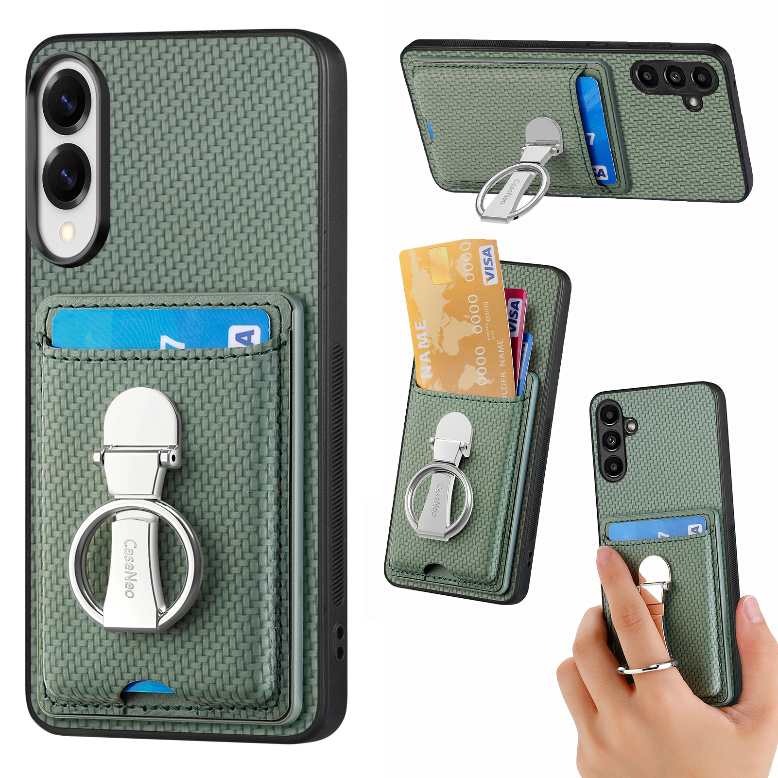 CASENEO For Samsung Galaxy S25 Edge Leather Phone Back Cover with Kickstand and Card Slots Carbon Fiber Texture - Green