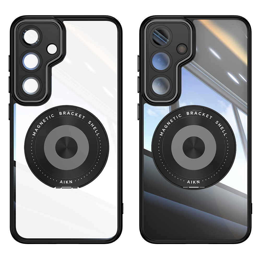 For Samsung Galaxy A36 5G / A56 5G Magnetic Case PC + TPU Phone Cover with Rotating Metal Kickstand, Lens Protector - Black