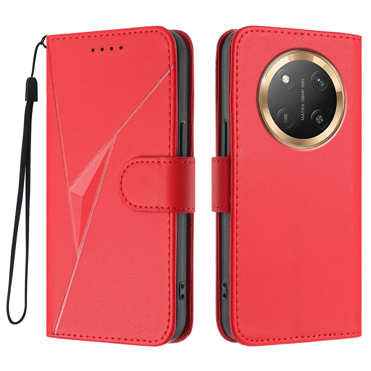 For Honor X60 Pro 5G / Honor Magic7 Lite 5G / Honor X9c 5G Case Triangle Imprint Leather Phone Cover with Lanyard - Red