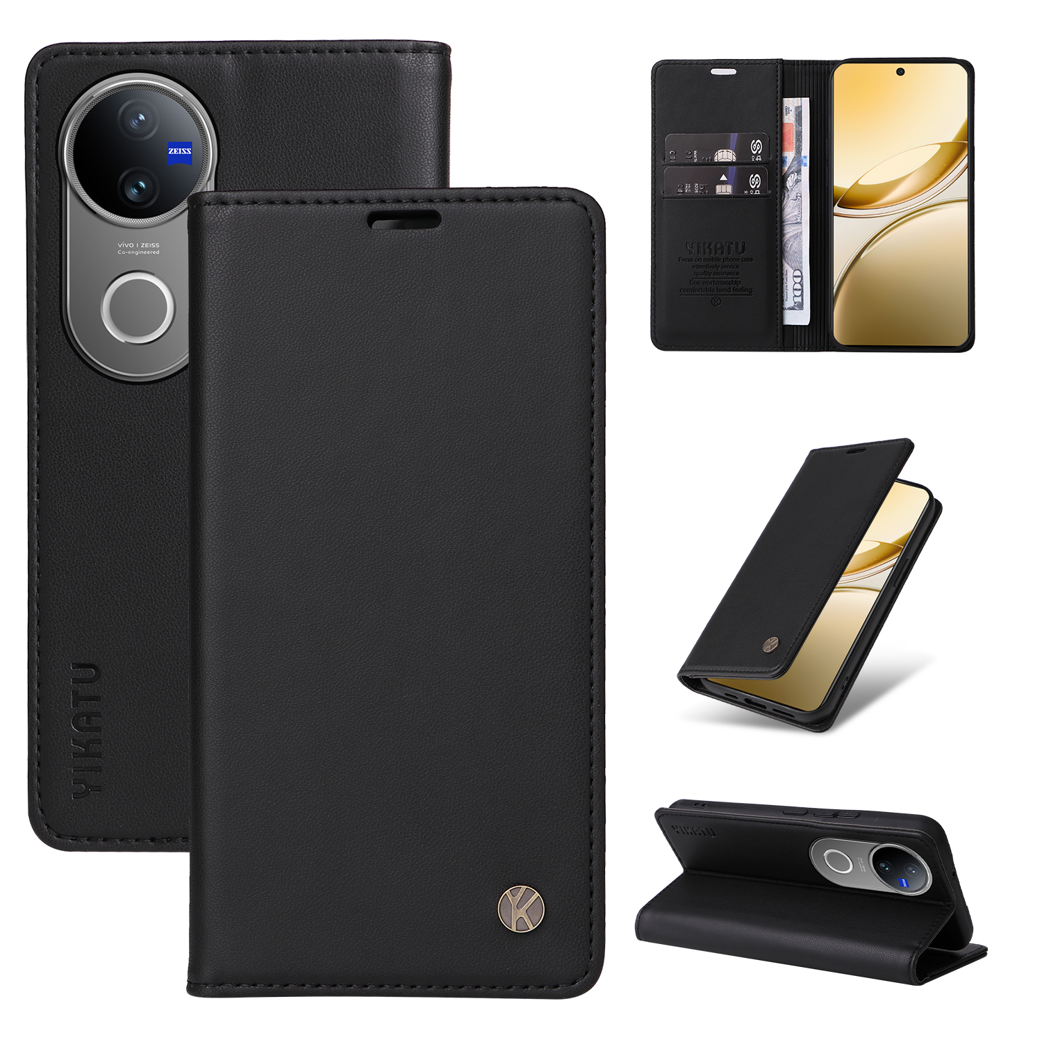 YIKATU For vivo V50 5G Phone Cases Magnetic Closure PU Leather Mobile Cover - Black