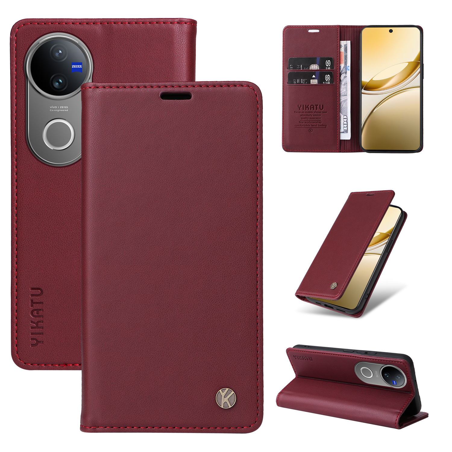 YIKATU For vivo V50 5G Phone Cases Magnetic Closure PU Leather Mobile Cover - Wine Red