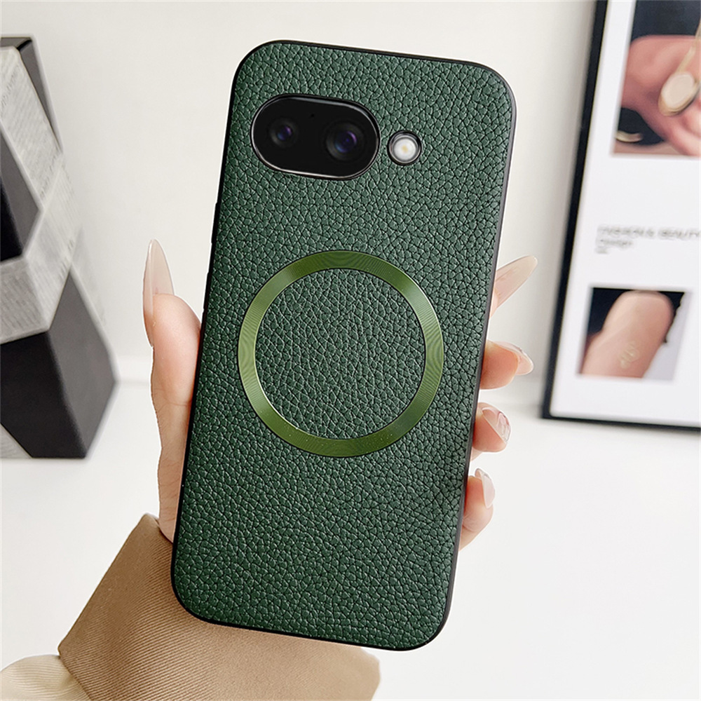 For Google Pixel 9a Magnetic Case Litchi Texture PU Leather + TPU Phone Back Cover - Green