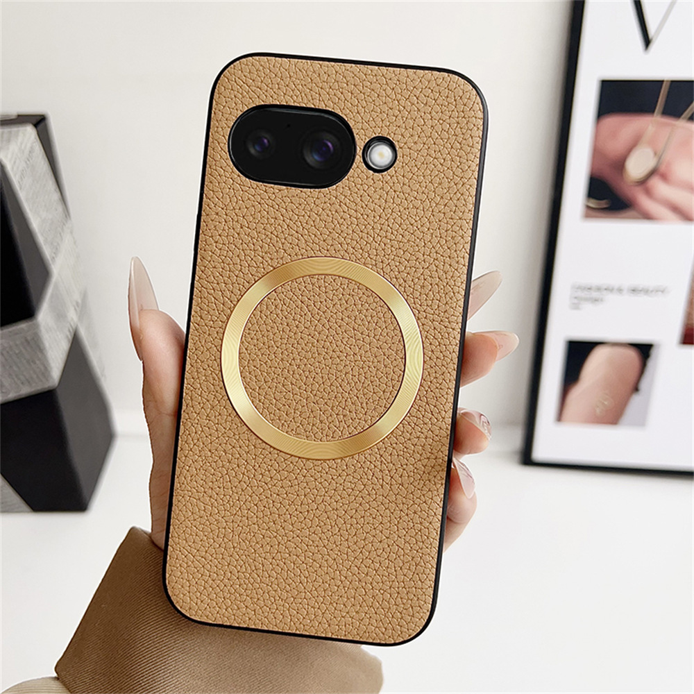 For Google Pixel 9a Magnetic Case Litchi Texture PU Leather + TPU Phone Back Cover - Gold