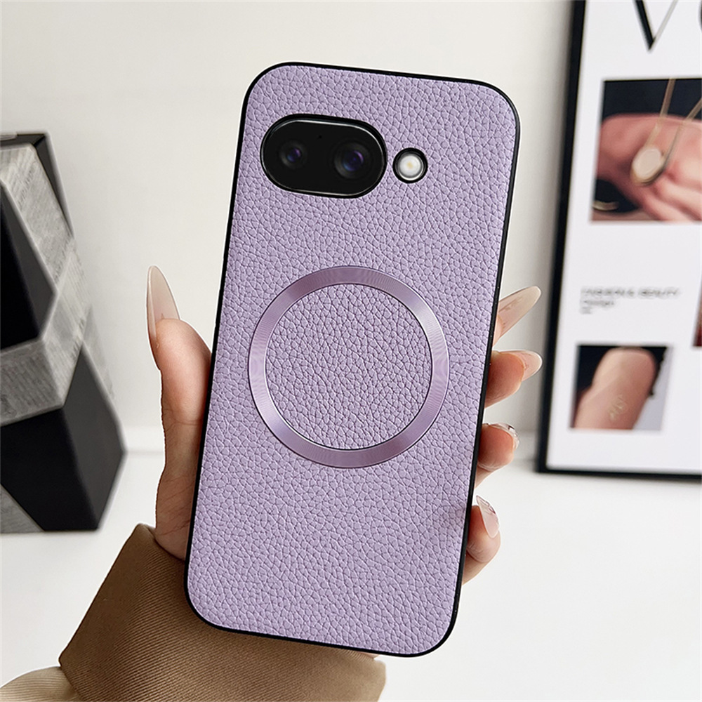 For Google Pixel 9a Magnetic Case Litchi Texture PU Leather + TPU Phone Back Cover - Purple