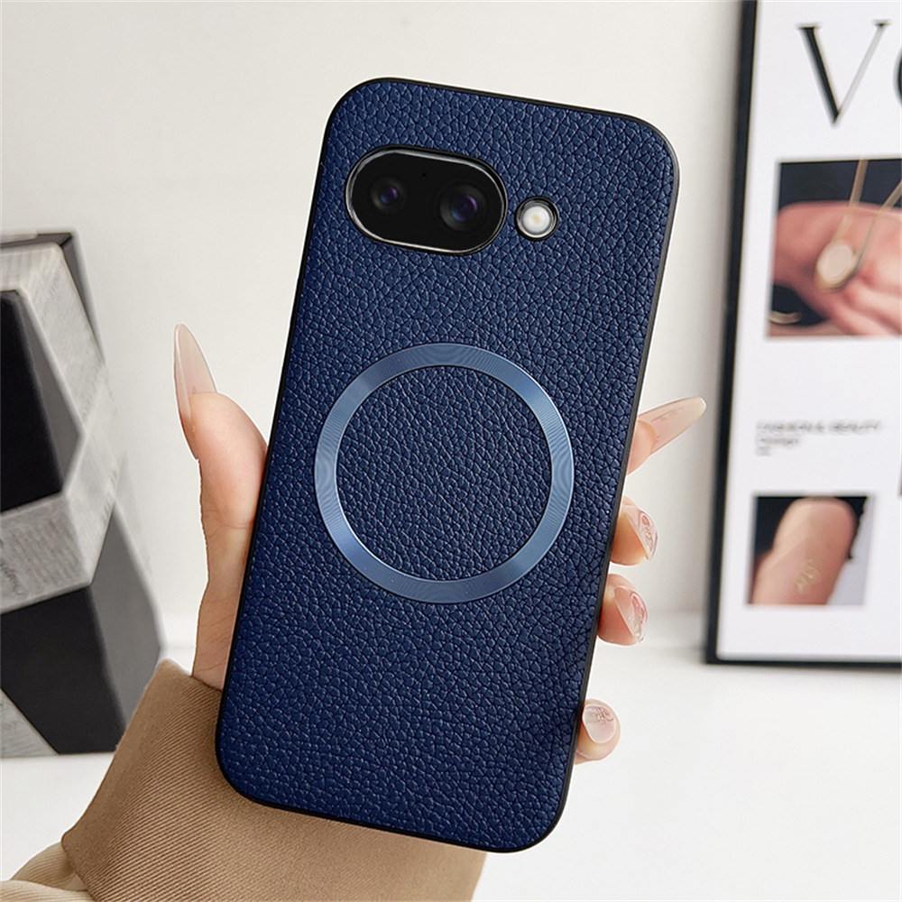 For Google Pixel 9a Magnetic Case Litchi Texture PU Leather + TPU Phone Back Cover - Blue