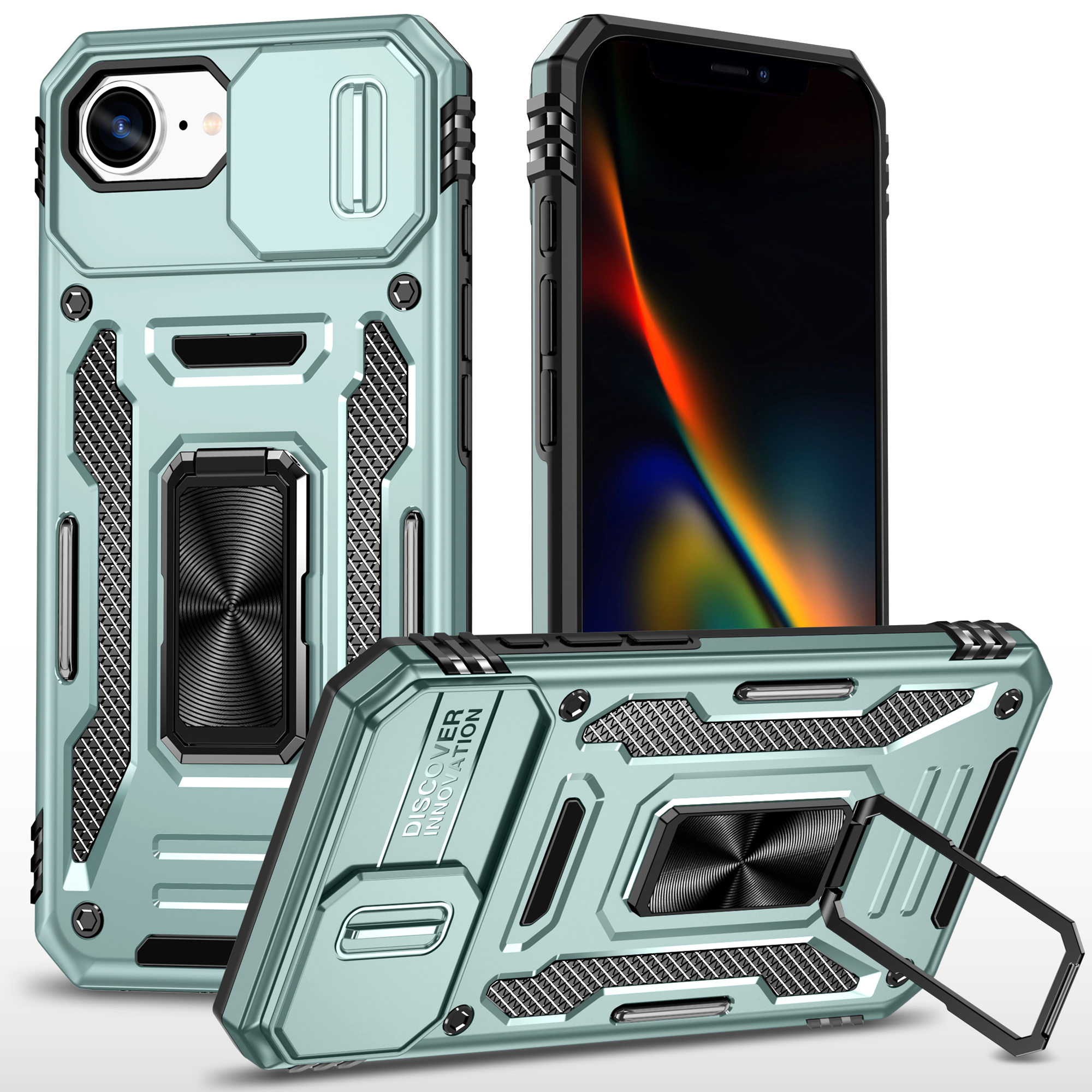 For iPhone 17e / 16e Case Kickstand Slide Lens Lid PC + TPU Drop-Proof Phone Cover - Green