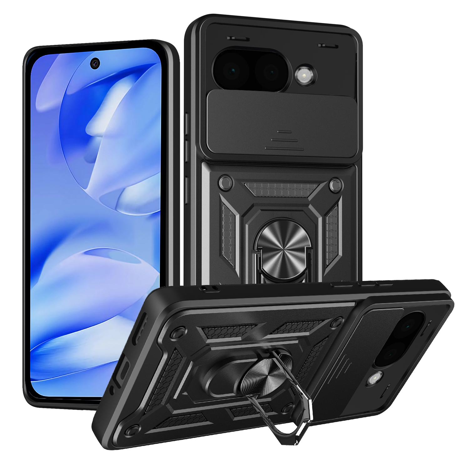 For Google Pixel 9a Case with Slide Camera Lid PC + TPU Kickstand Phone Cover - Black